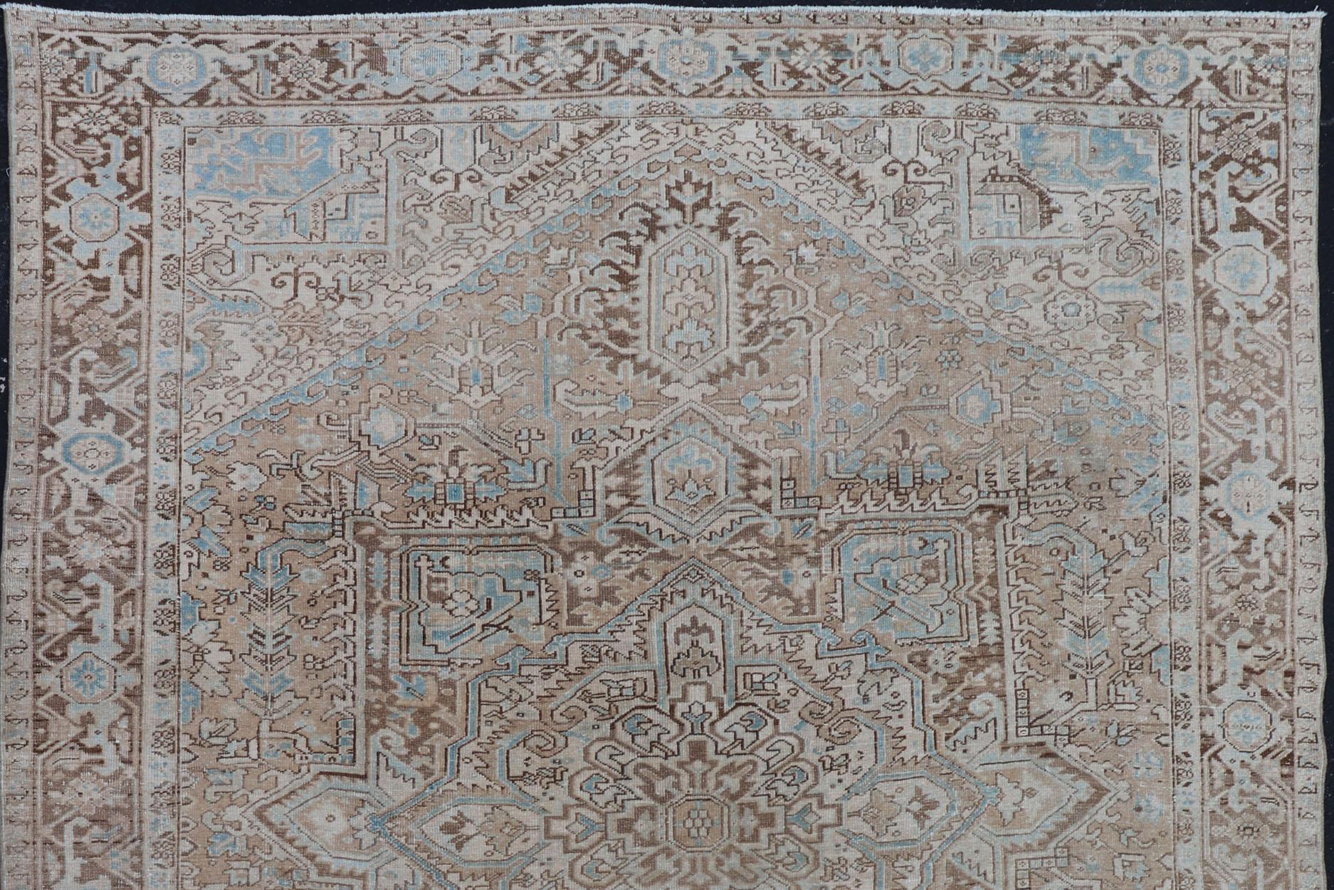Antique Persian Heriz Rug with Geometric Design in Taupe, Tan, Brown and Lt Blue In Good Condition For Sale In Atlanta, GA
