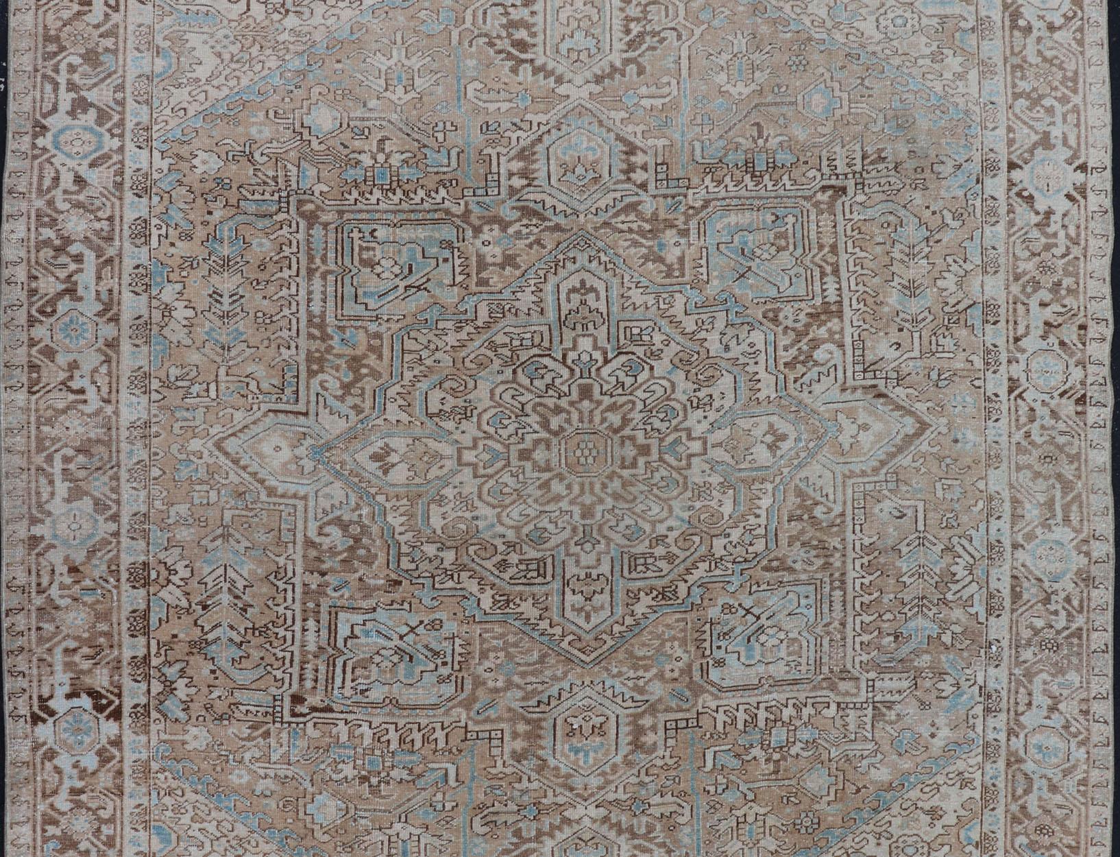 20th Century Antique Persian Heriz Rug with Geometric Design in Taupe, Tan, Brown and Lt Blue For Sale