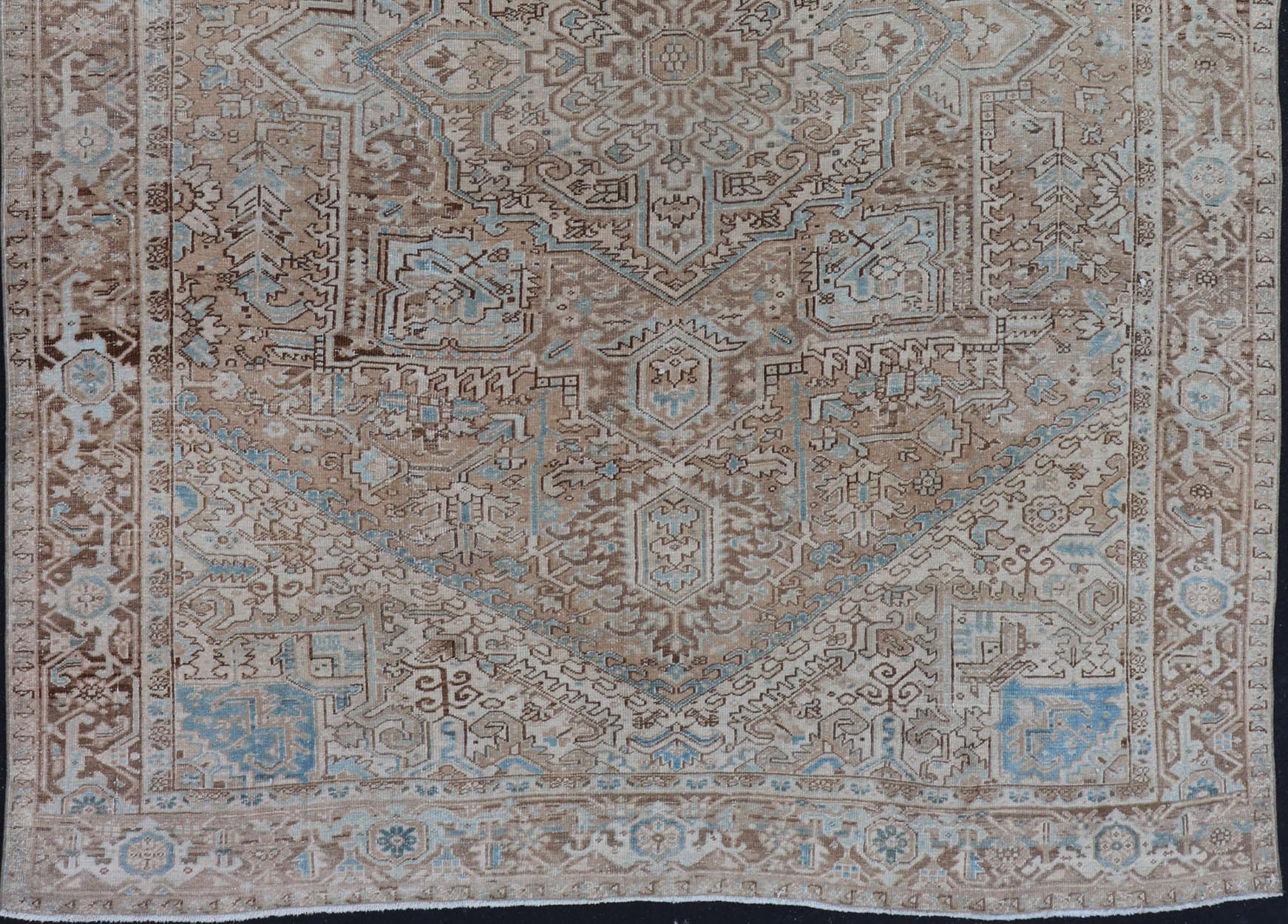 Wool Antique Persian Heriz Rug with Geometric Design in Taupe, Tan, Brown and Lt Blue For Sale