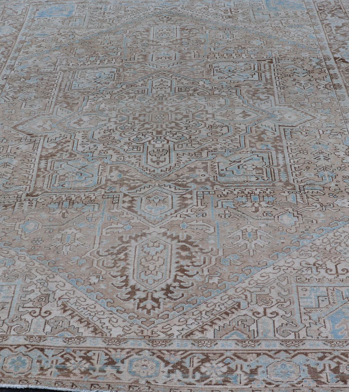Antique Persian Heriz Rug with Geometric Design in Taupe, Tan, Brown and Lt Blue For Sale 1