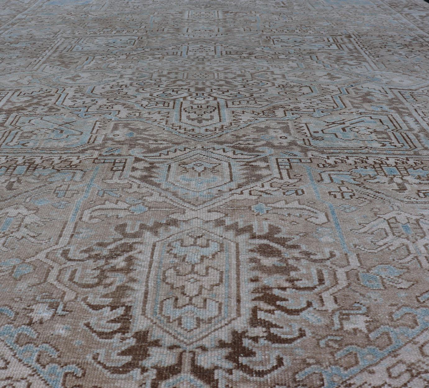 Antique Persian Heriz Rug with Geometric Design in Taupe, Tan, Brown and Lt Blue For Sale 2