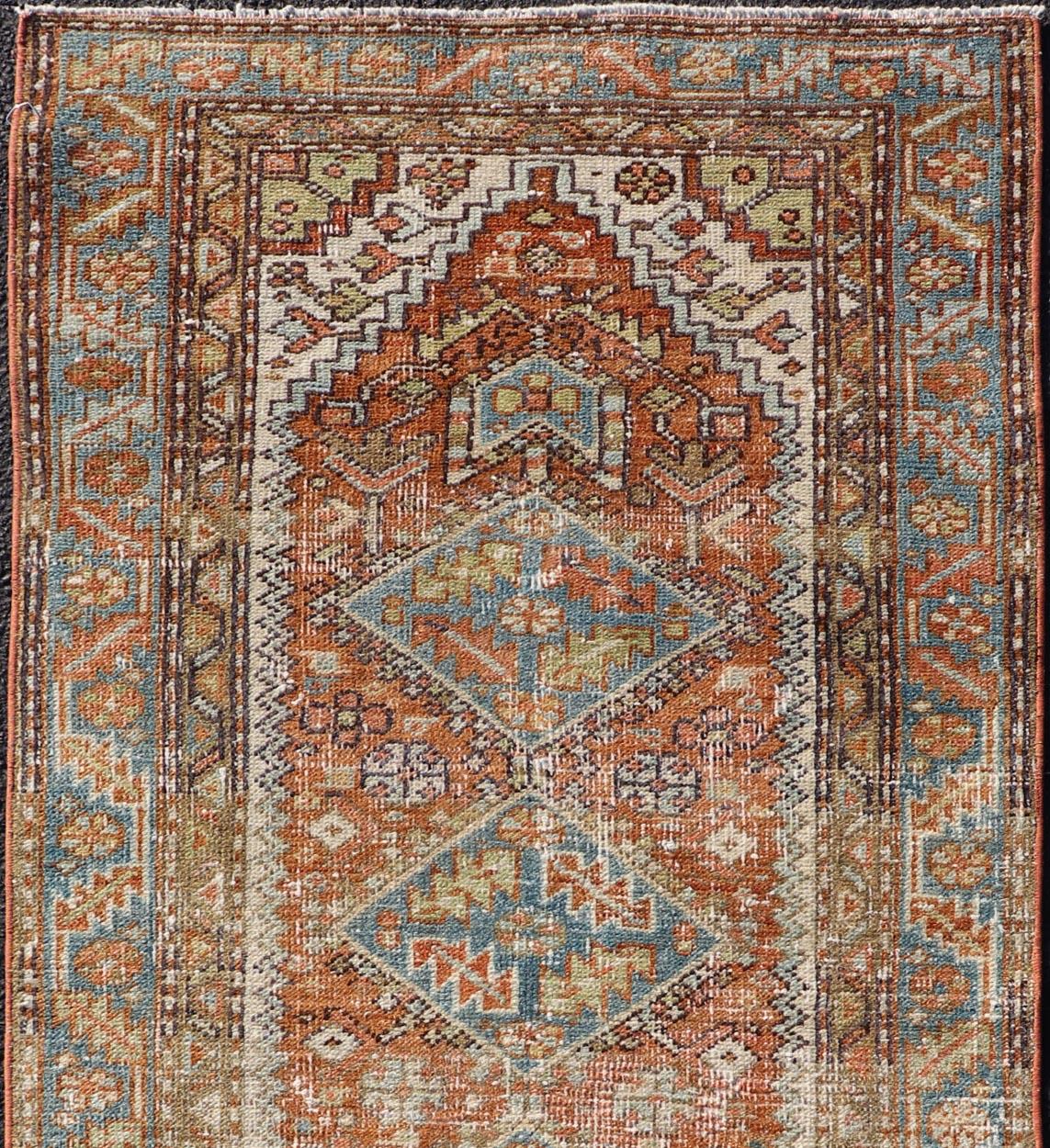 Heriz Serapi Antique Persian Heriz Rug with Geometric Medallion Design in Red, Olive, Blue For Sale