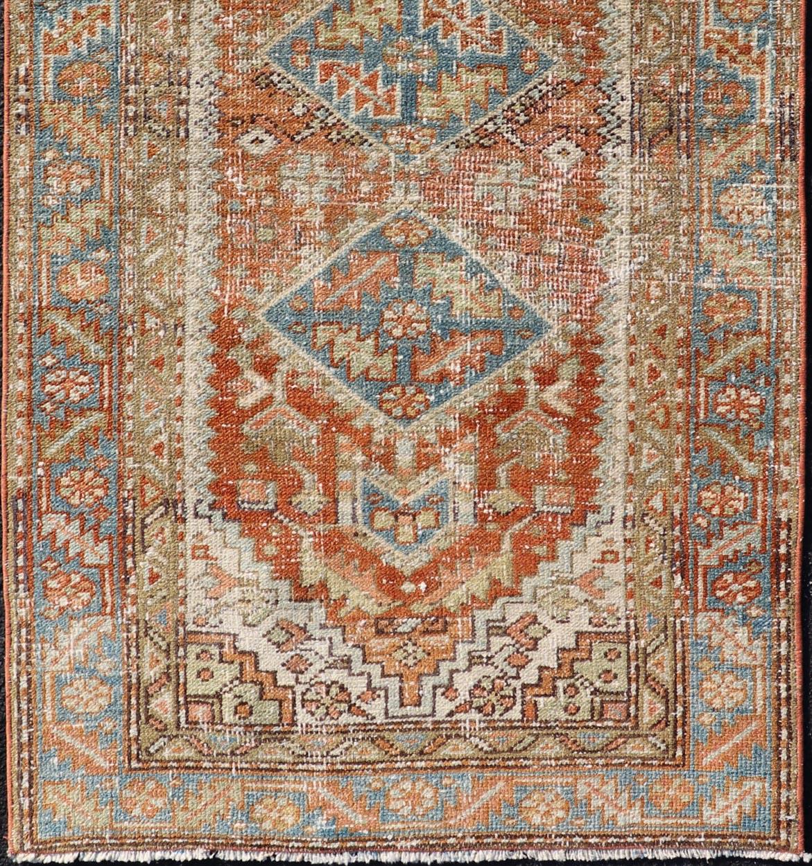 Antique Persian Heriz Rug with Geometric Medallion Design in Red, Olive, Blue In Good Condition For Sale In Atlanta, GA