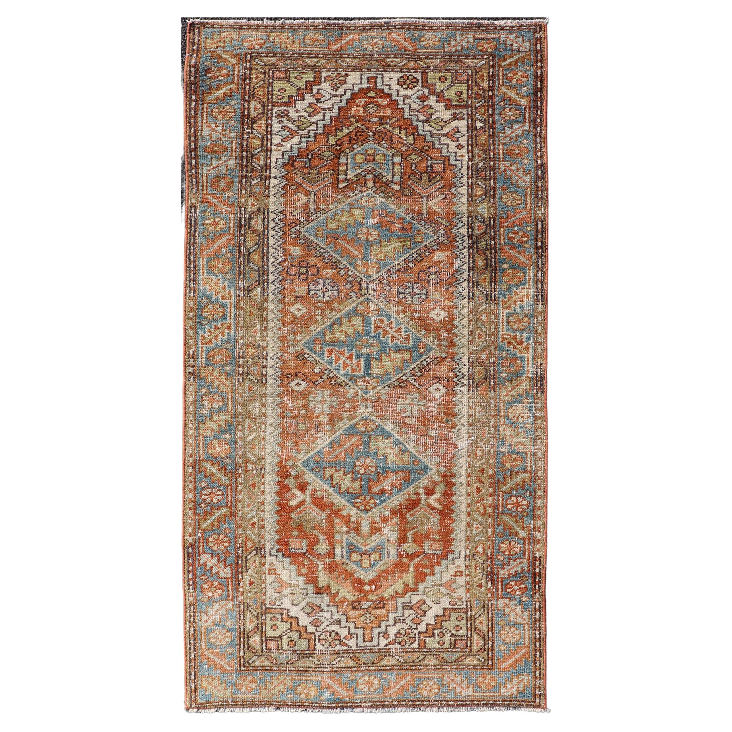 Antique Persian Heriz Rug with Geometric Medallion Design in Red, Olive, Blue