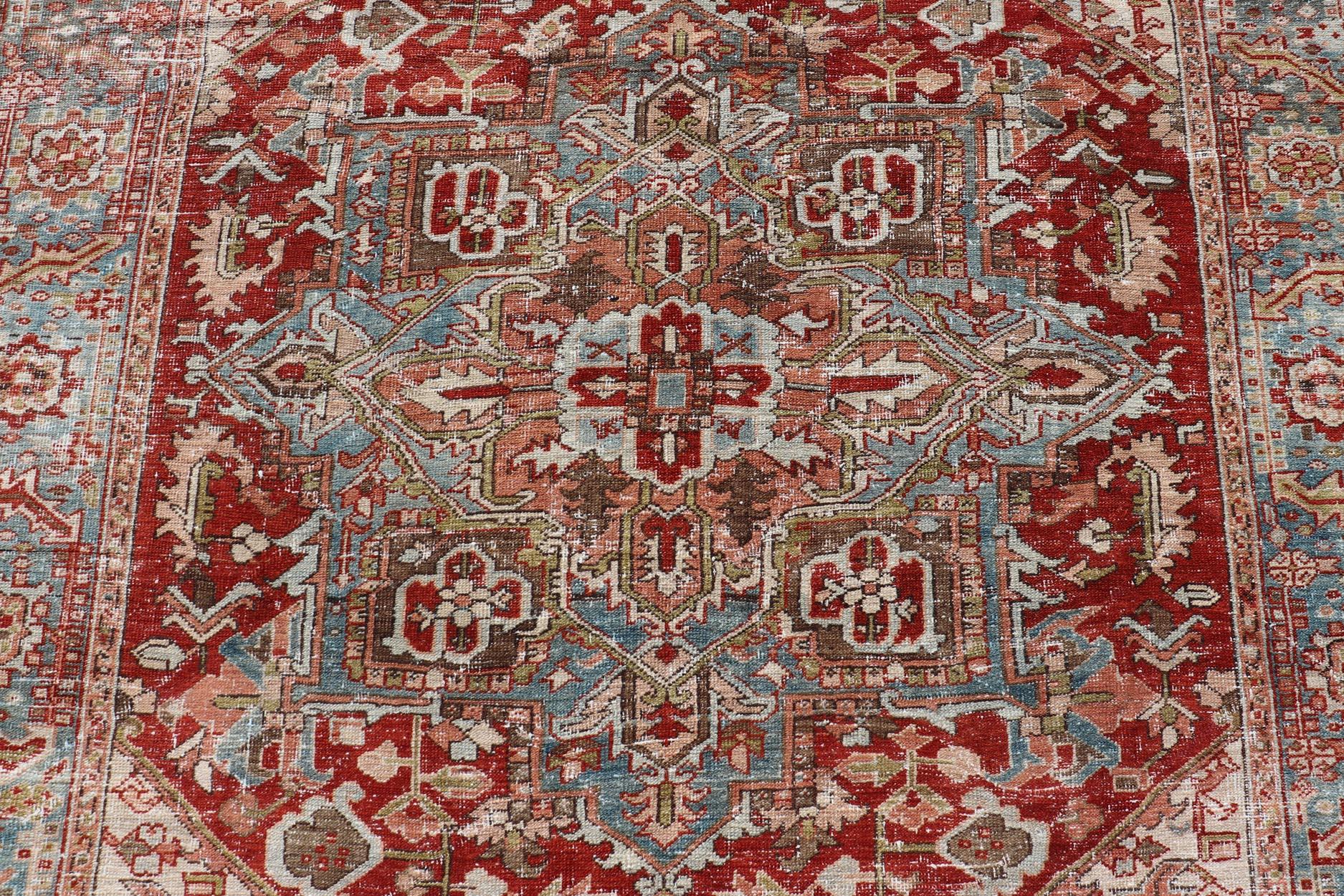 Antique Persian Heriz Rug With Geometric Medallion Design in Red & Soft Colors For Sale 3