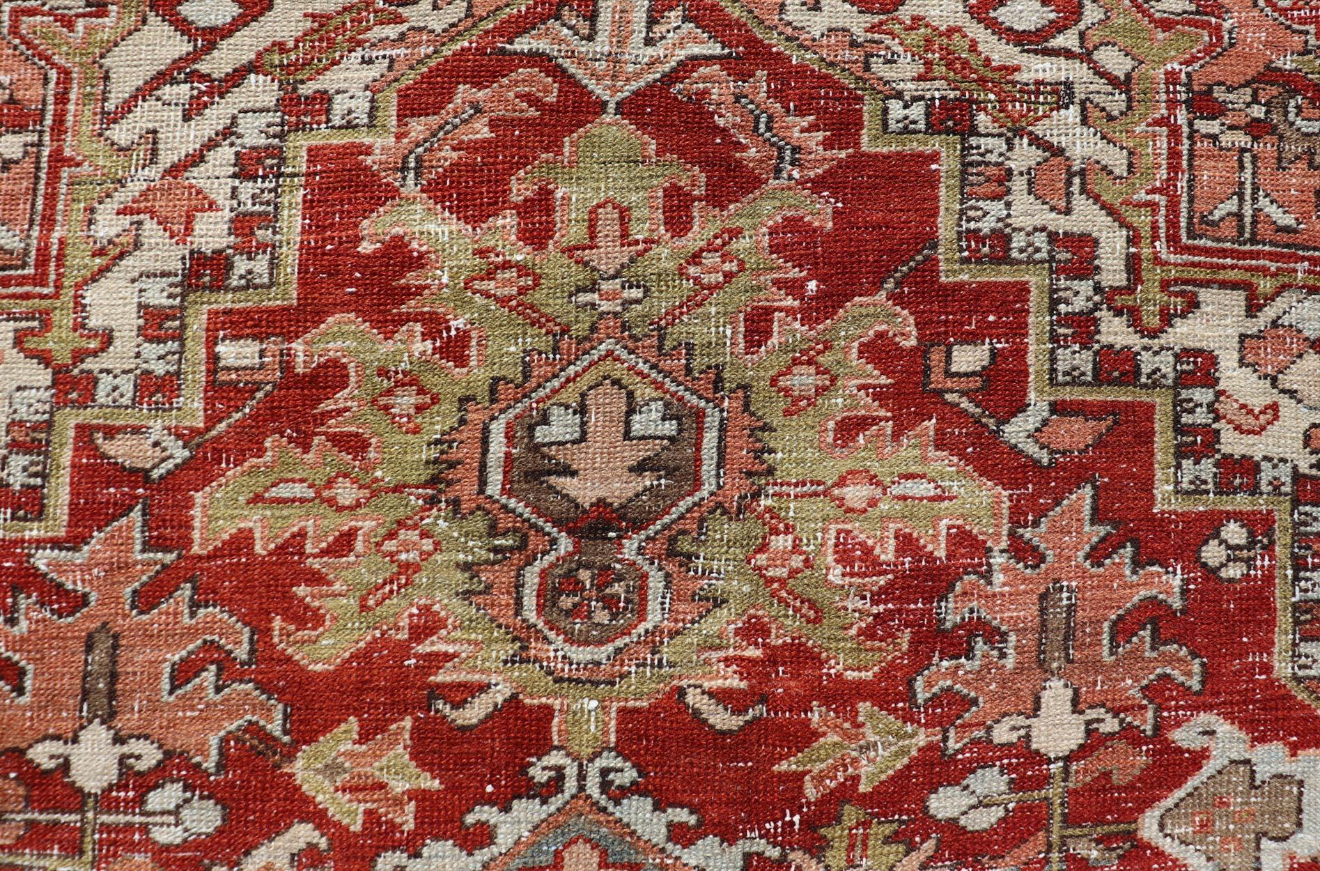 Antique Persian Heriz Rug With Geometric Medallion Design in Red & Soft Colors For Sale 4