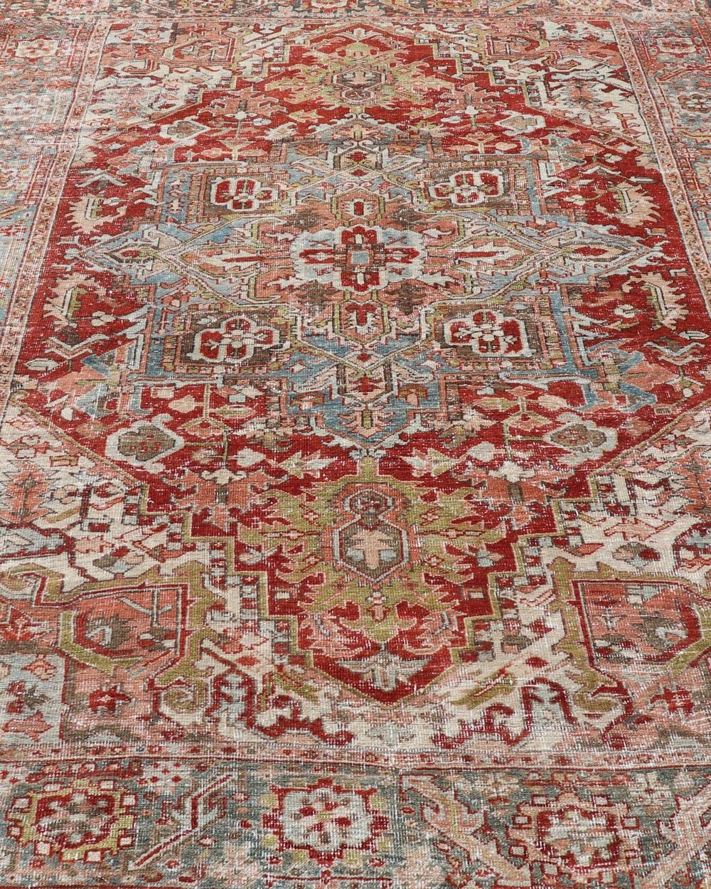 Antique Persian Heriz Rug With Geometric Medallion Design in Red & Soft Colors For Sale 1