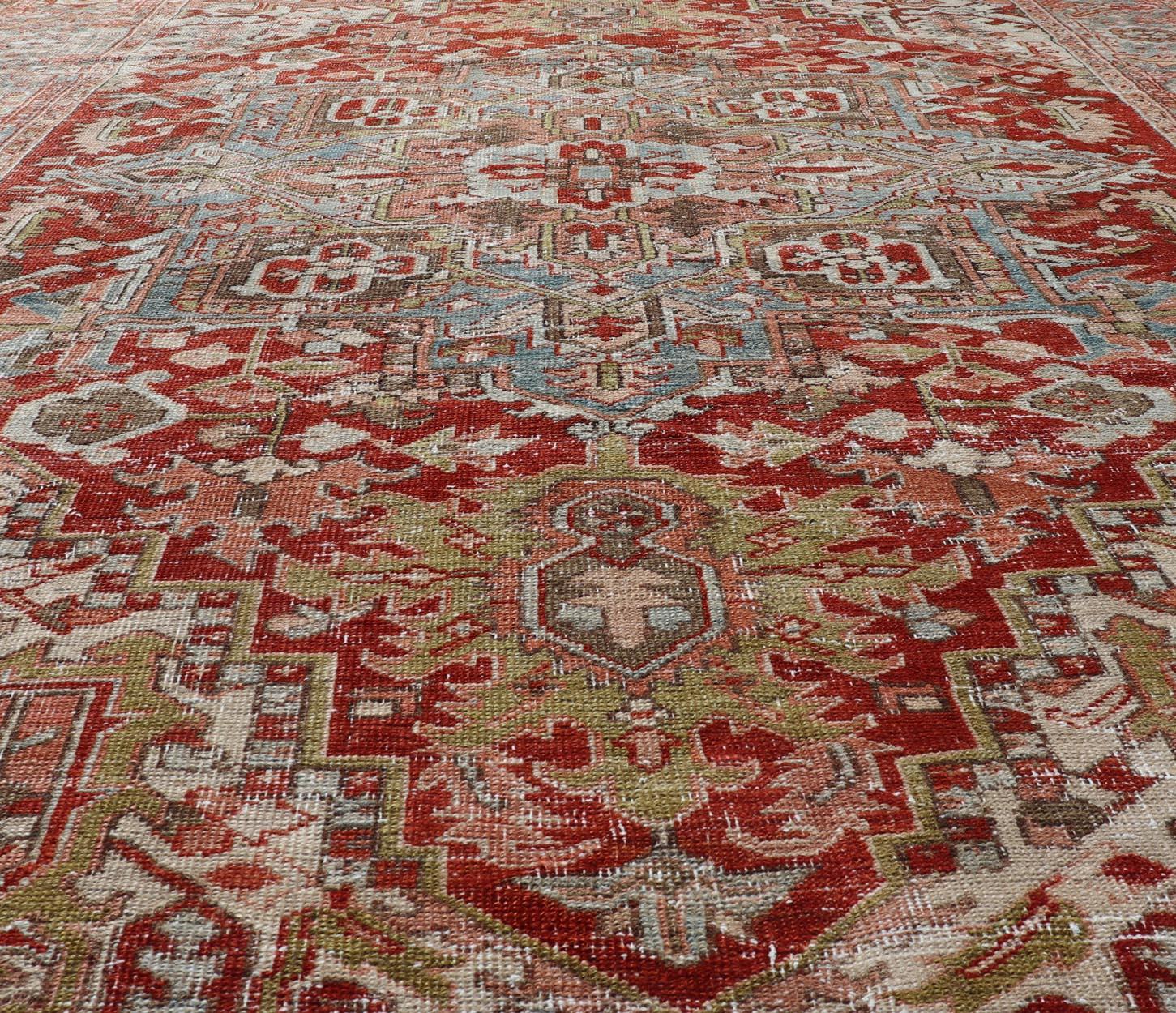 Antique Persian Heriz Rug With Geometric Medallion Design in Red & Soft Colors For Sale 2