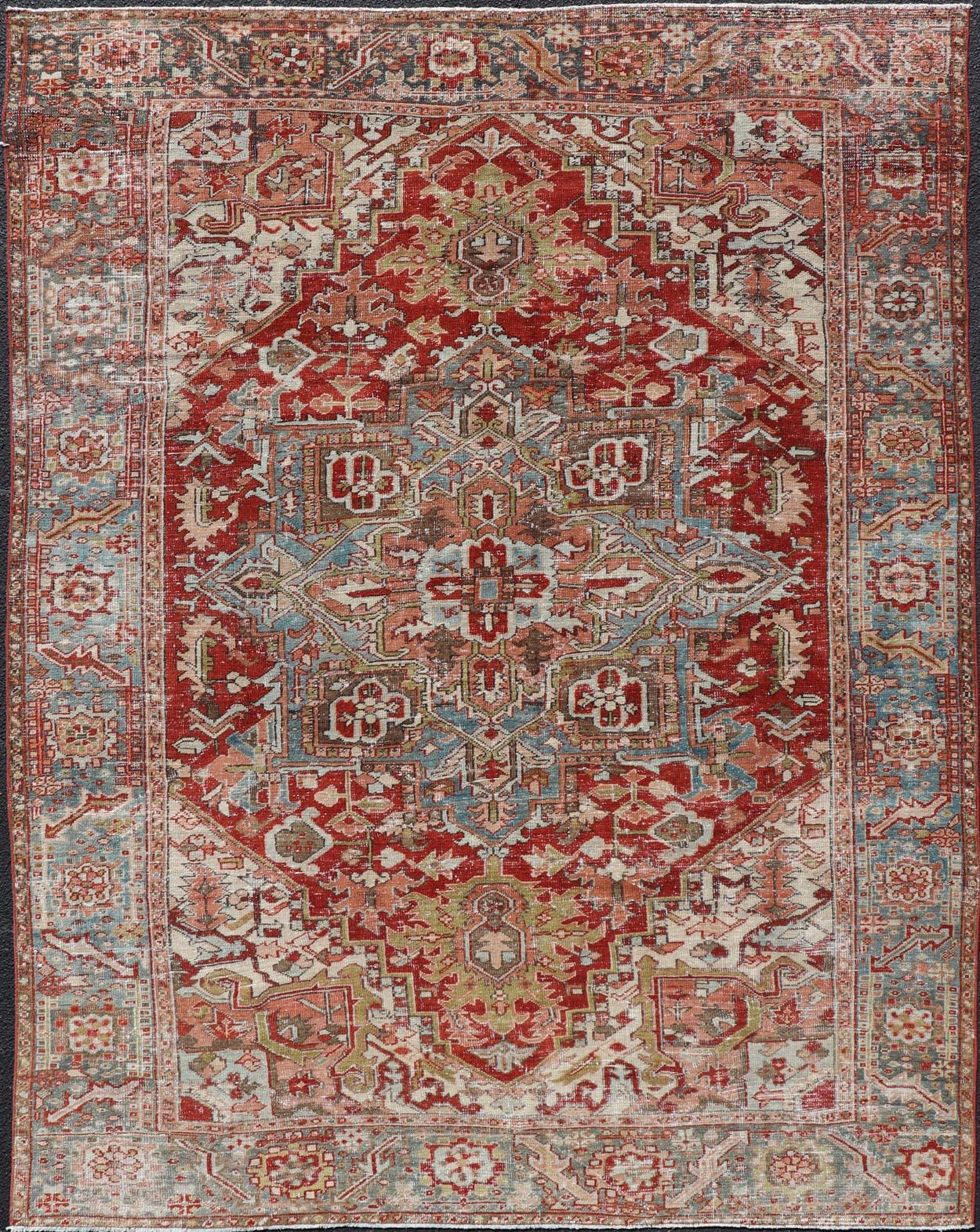 Antique Persian Heriz Rug With Geometric Medallion Design in Red & Soft Colors