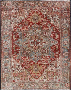 Vintage Persian Heriz Rug With Geometric Medallion Design in Red & Soft Colors