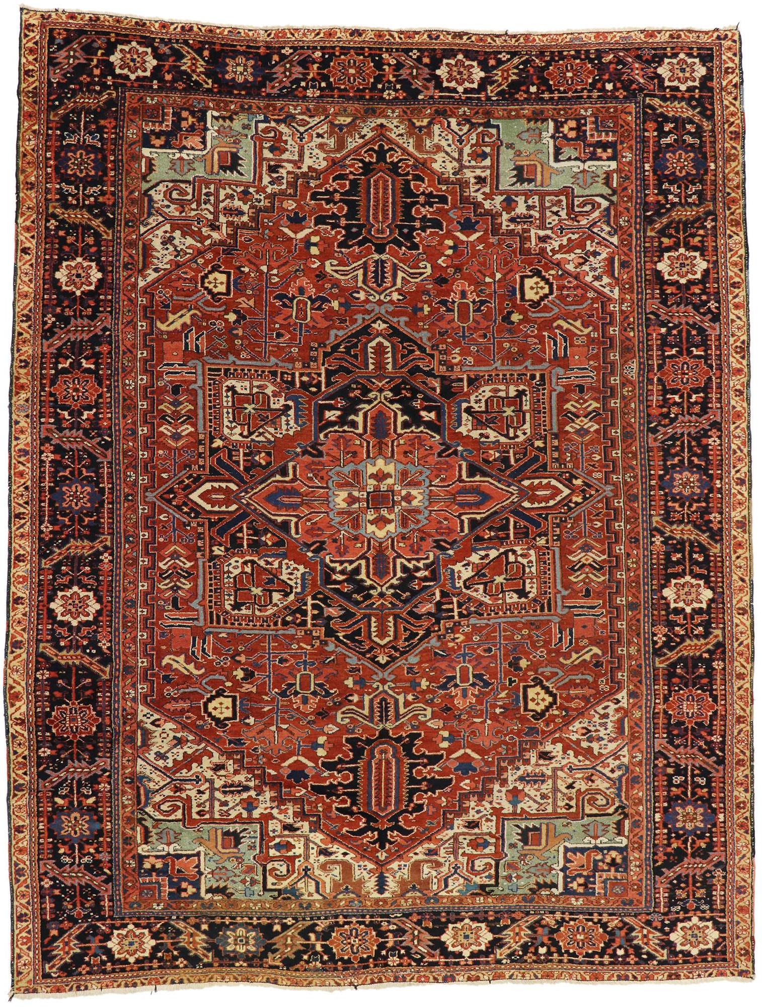 70227 Antique Persian Heriz Rug with Modern American Craftsman Style. Overflowing in a sophisticated chic color palette and representing a stylish union of Modern American Craftsman style, this antique Heriz Persian rug showcases classical elements