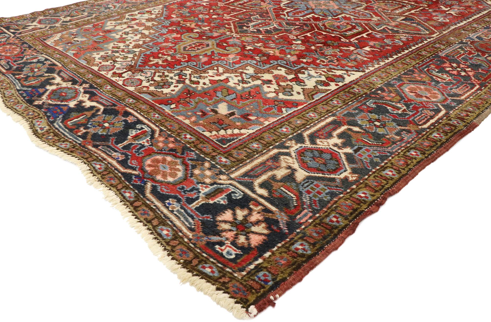 77456 antique Persian Heriz rug with Modern Federal style. With timeless appeal, refined colors, and architectural design elements, this hand knotted wool antique Persian Heriz rug can beautifully blend modern, contemporary, and traditional
