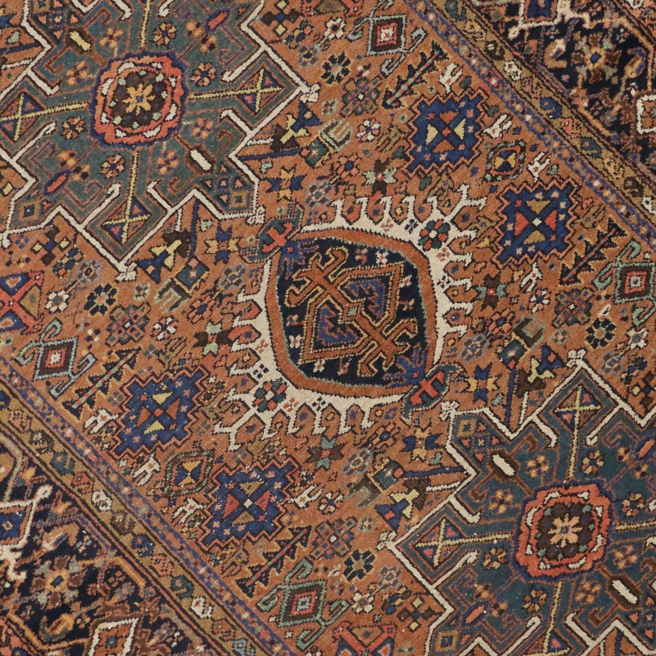 73308, antique Persian Heriz rug with tribal style. Full of character and stately presence, this antique Heriz Persian rug with modern tribal style showcases an extravagant geometric design rendered in warm colors of brown, rust, navy blue, slate