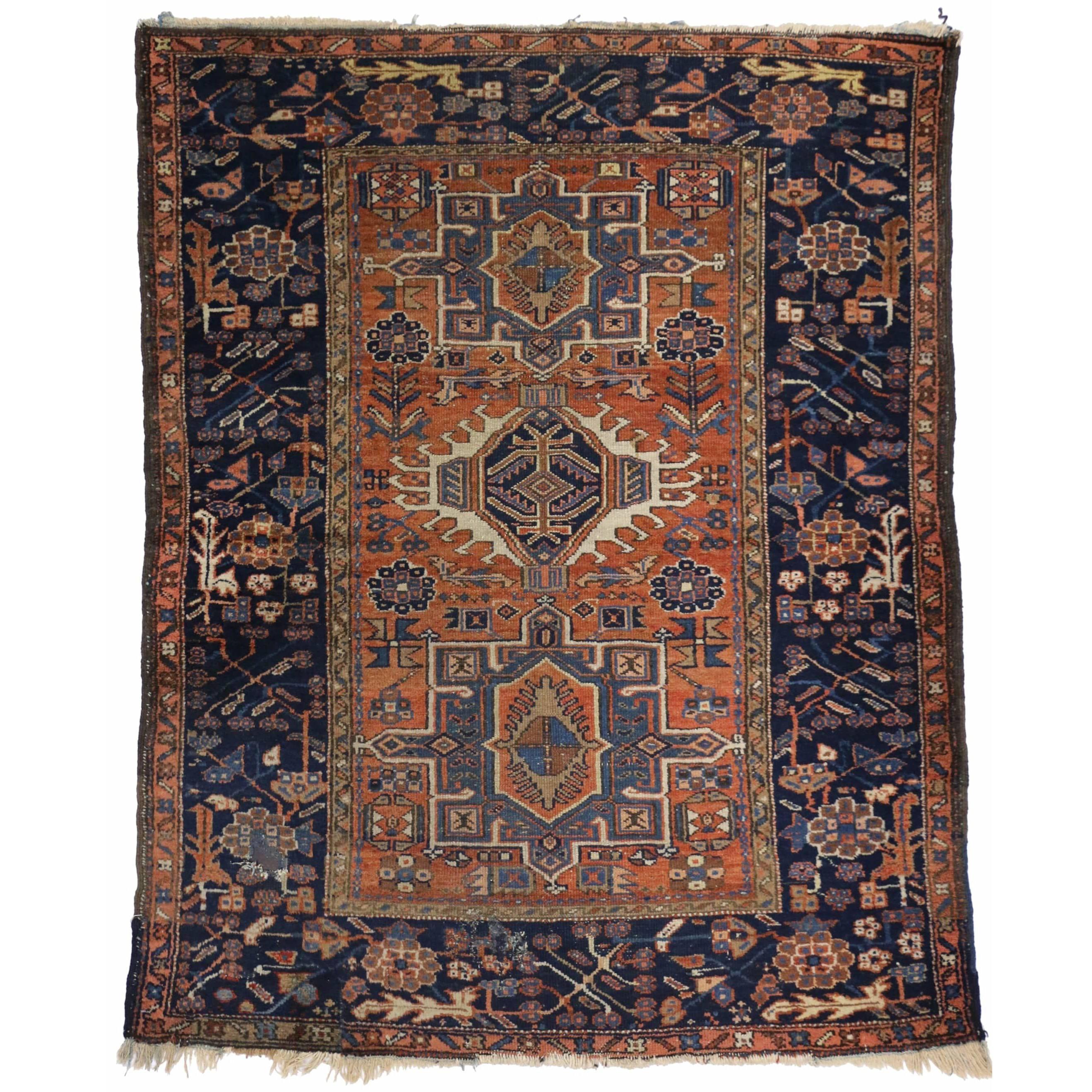 Worn-In Distressed Antique Persian Karaja Heriz Rug with Rustic Style For Sale