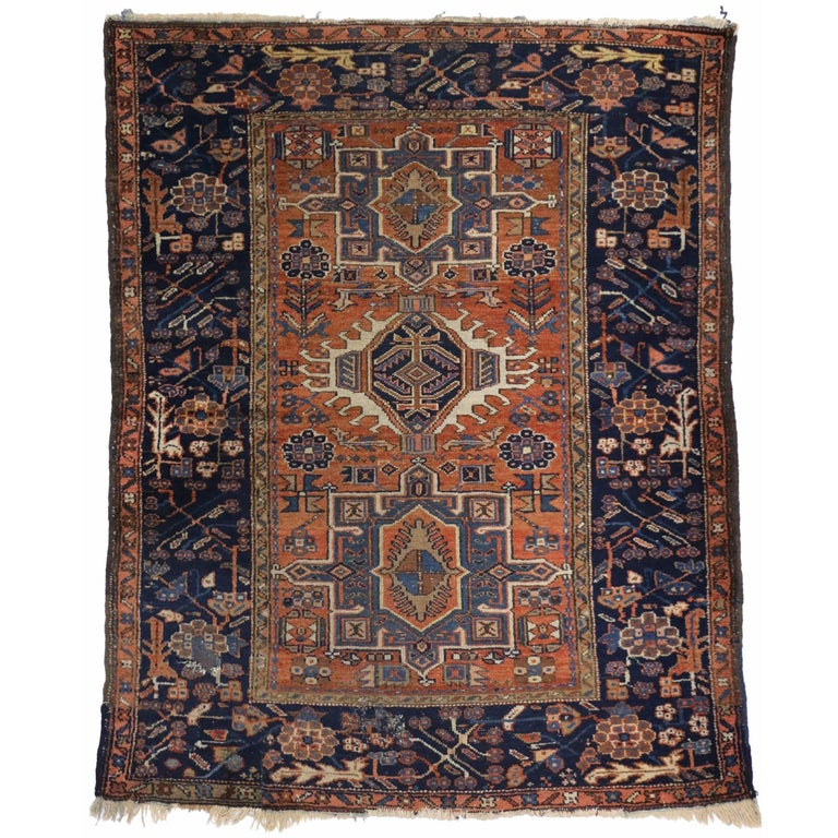 WornIn Distressed Antique Persian Karaja Heriz Rug with Rustic Style
