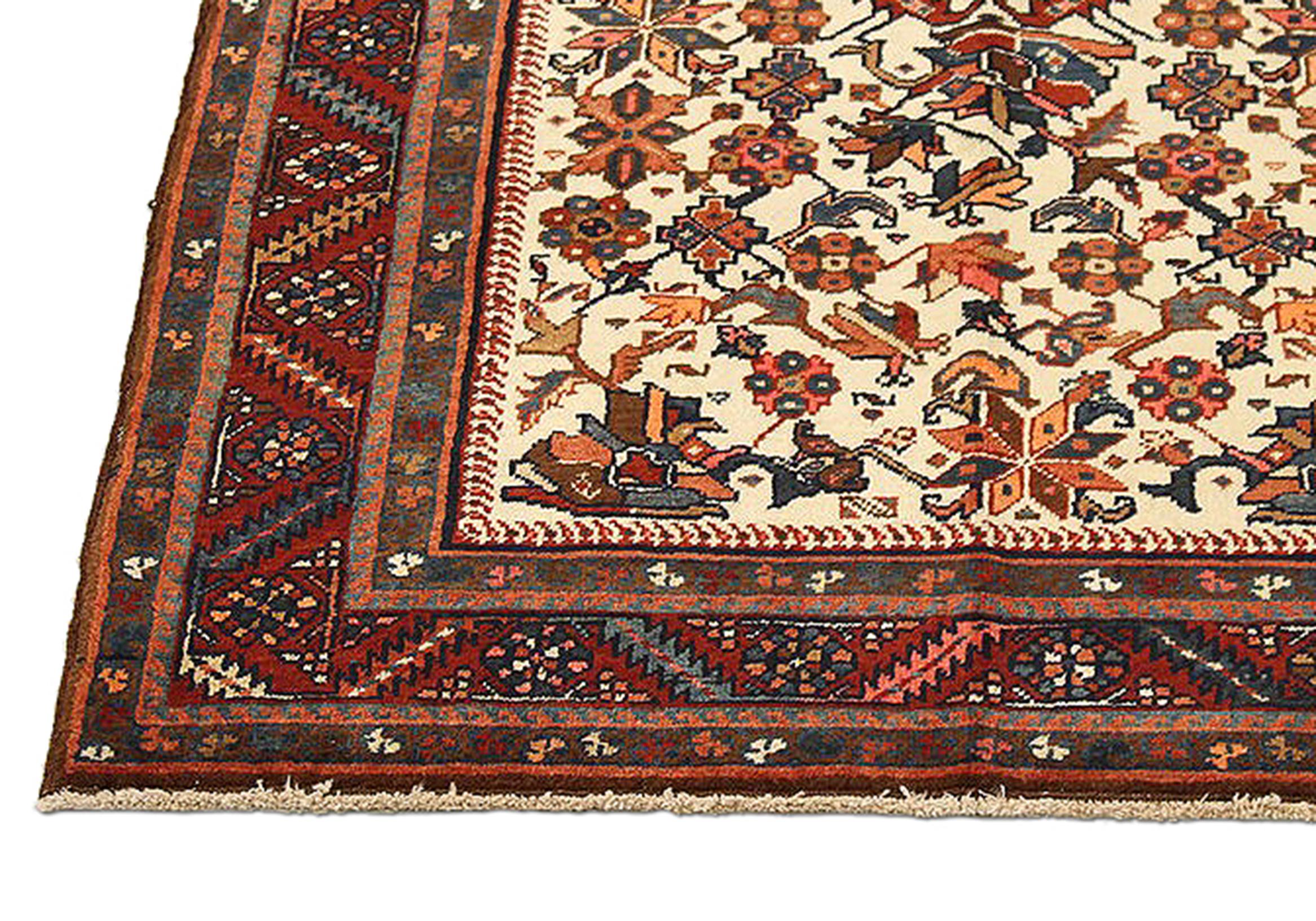 Antique Persian Heriz Rug with Navy and Red Floral Motifs on Ivory Field In Excellent Condition For Sale In Dallas, TX