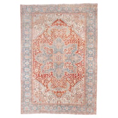 Antique Persian Heriz Rug with Oversized Medallion in Soft Coral and Pale Blue