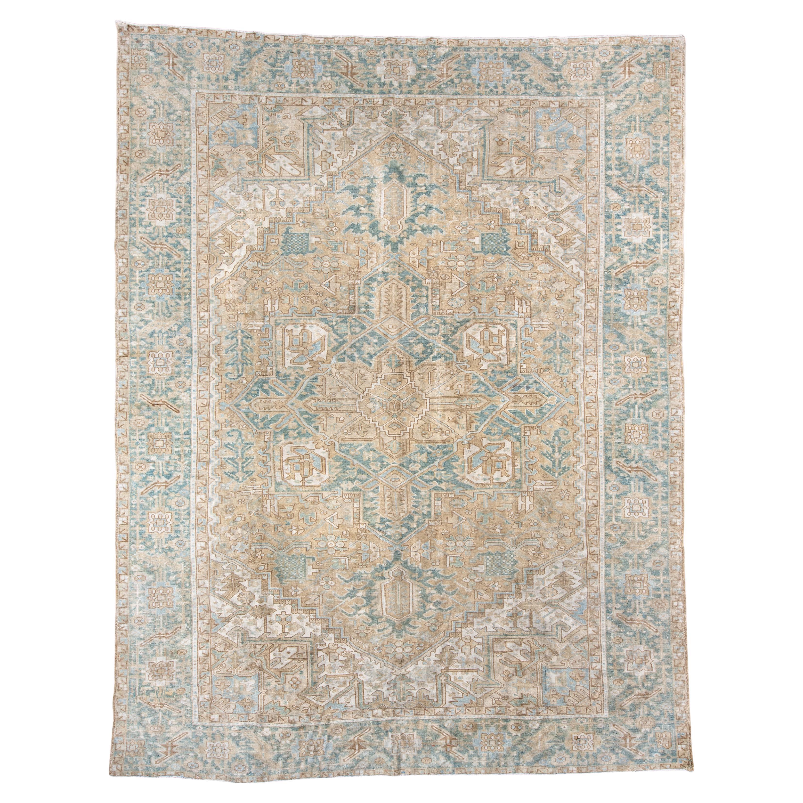 Antique Persian Heriz Rug with Soft Medallion Design in Pale Blue and Sand