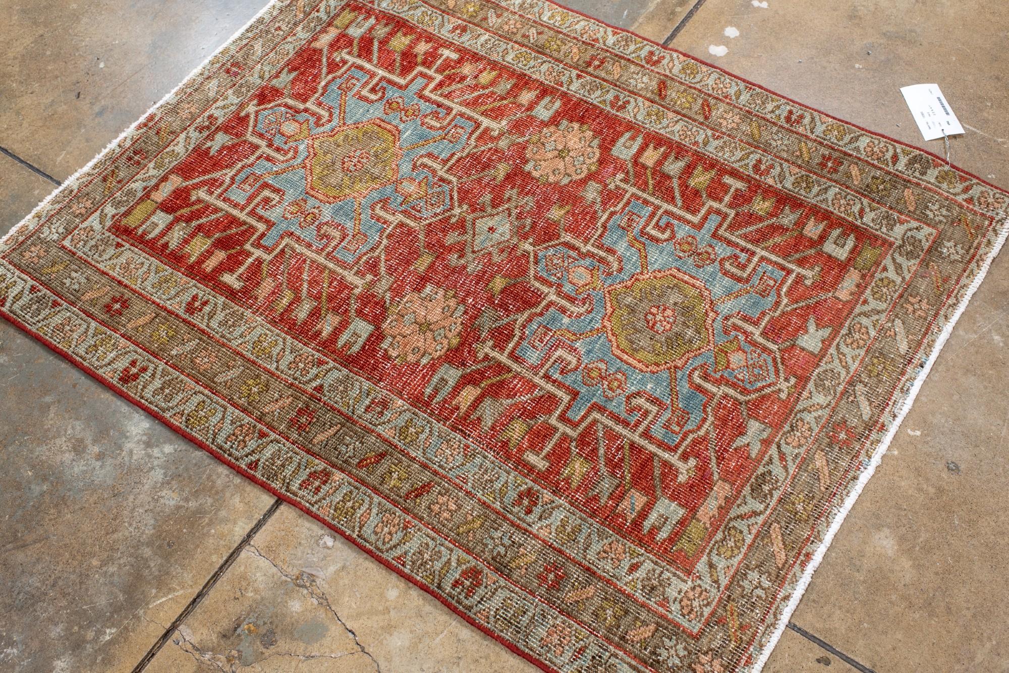 Lana Antique Persian Heriz Rug with Soft Sky Blue & Brick Red Medallions in vendita