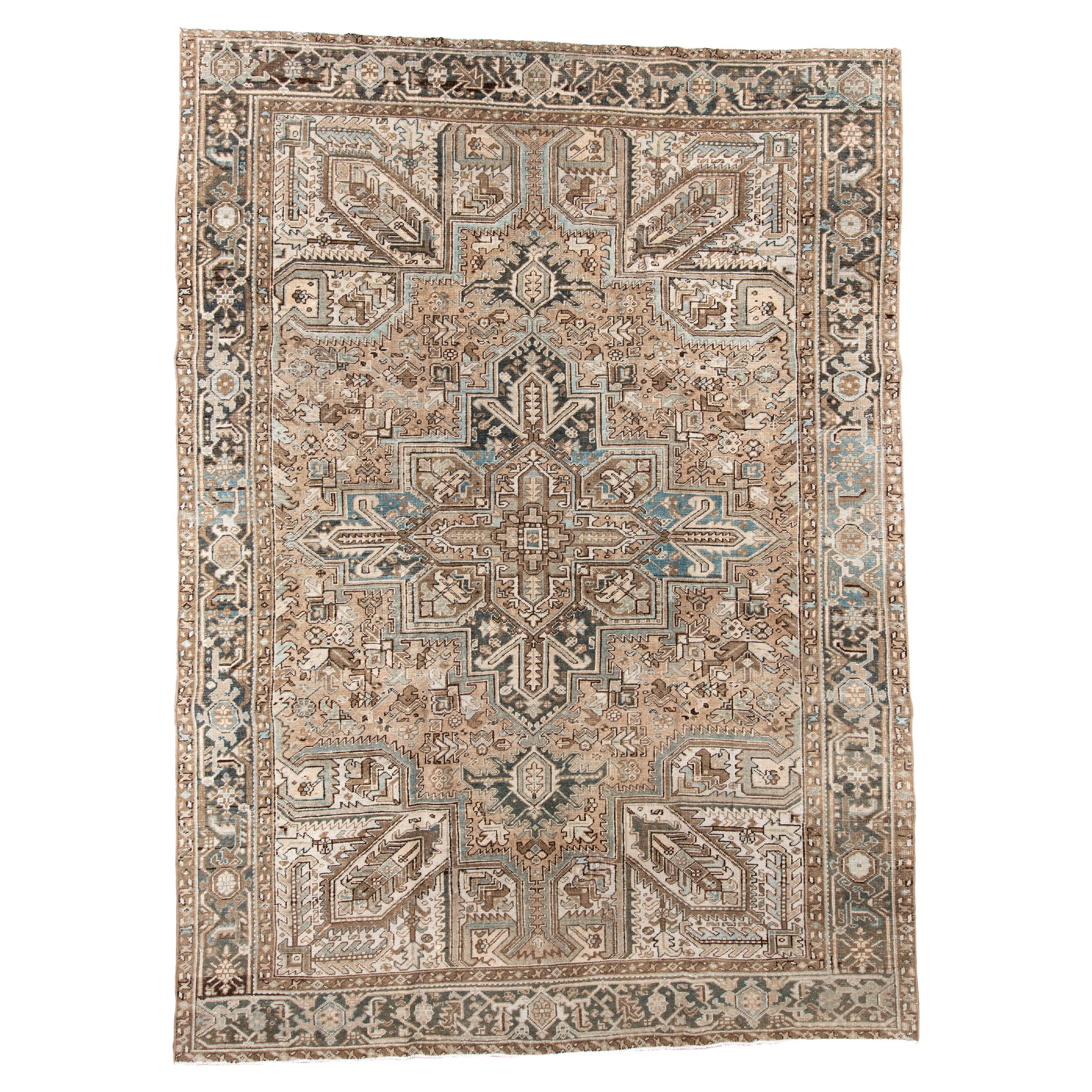 Antique Persian Heriz Rug with Soft Taupe, Ivory
Sky-Blue Accents