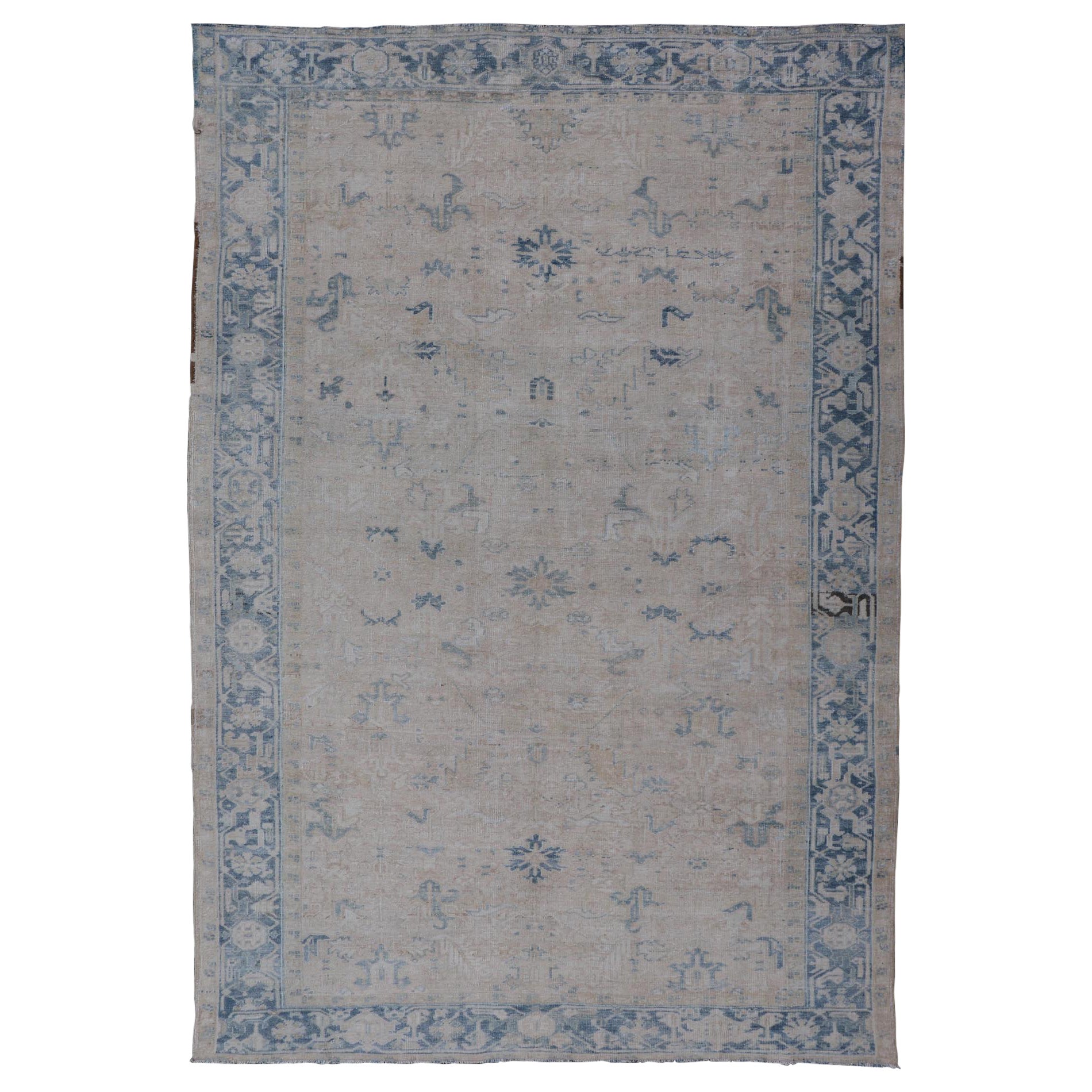 Tapis persan ancien Heriz à motifs sous-géométriques crème et bleu