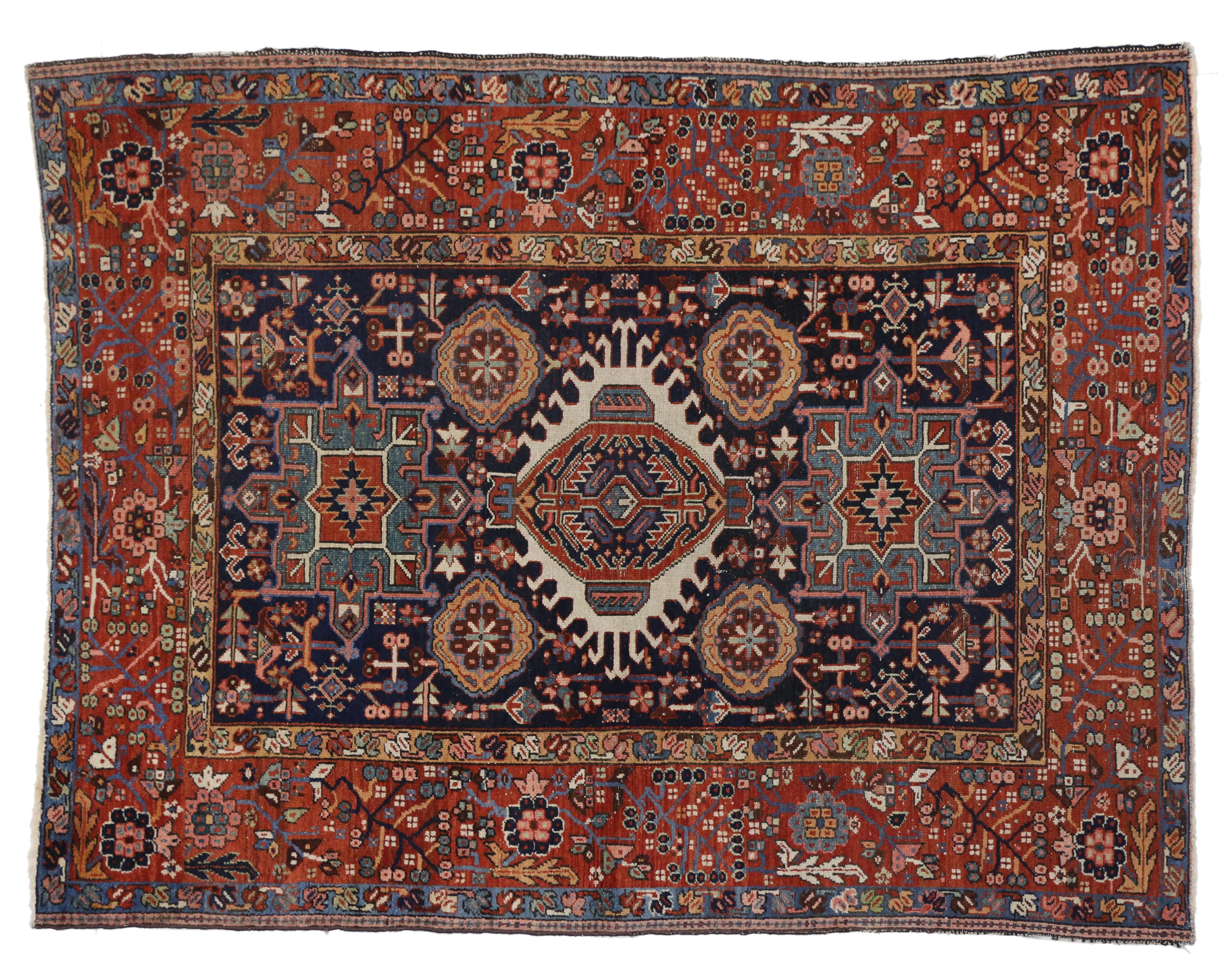 Antique Persian Heriz Rug with Tribal Style, Study or Home Office Rug In Distressed Condition In Dallas, TX
