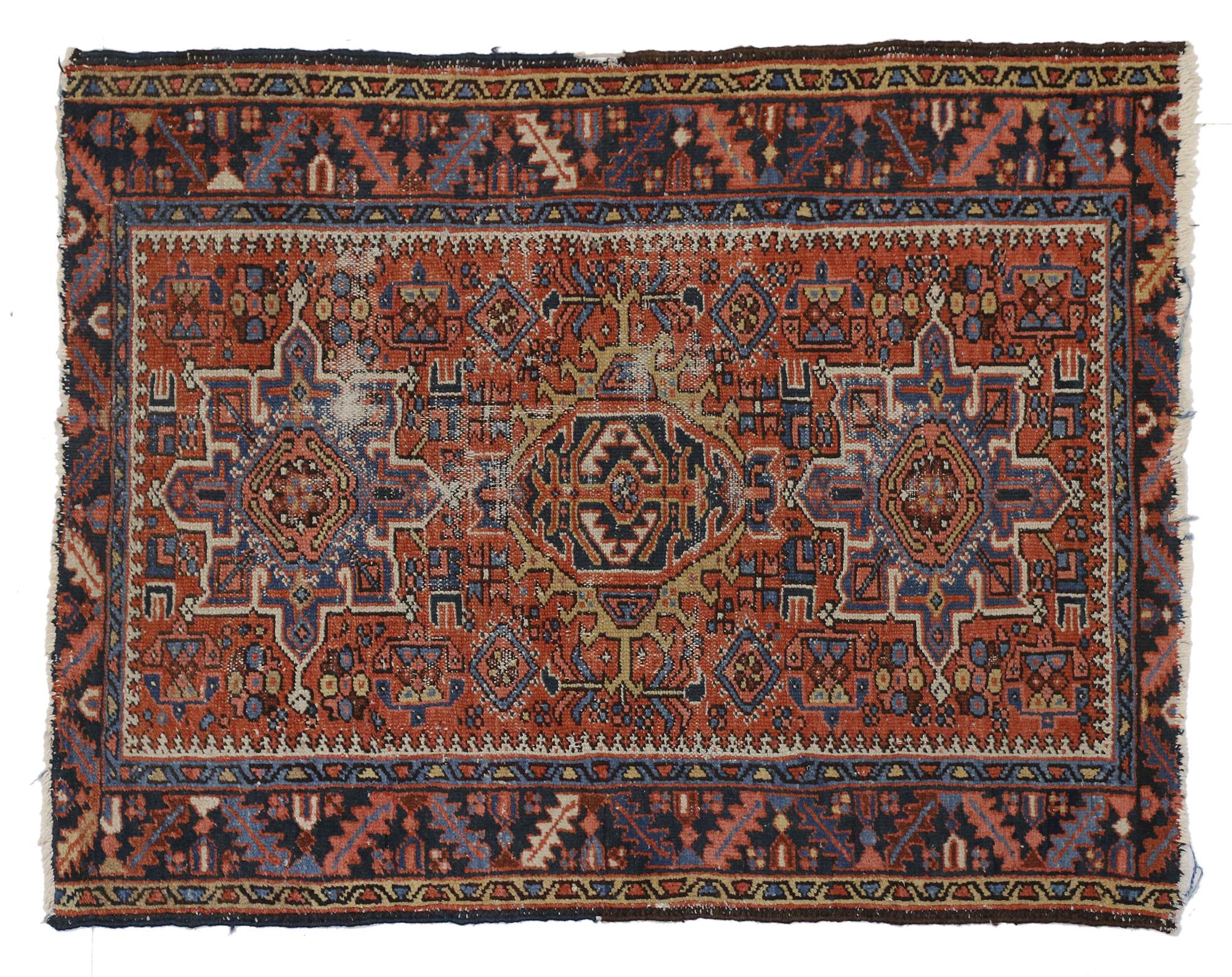 Antique Persian Heriz Rug with Tribal Style, Study or Home Office Worn Rug In Distressed Condition In Dallas, TX