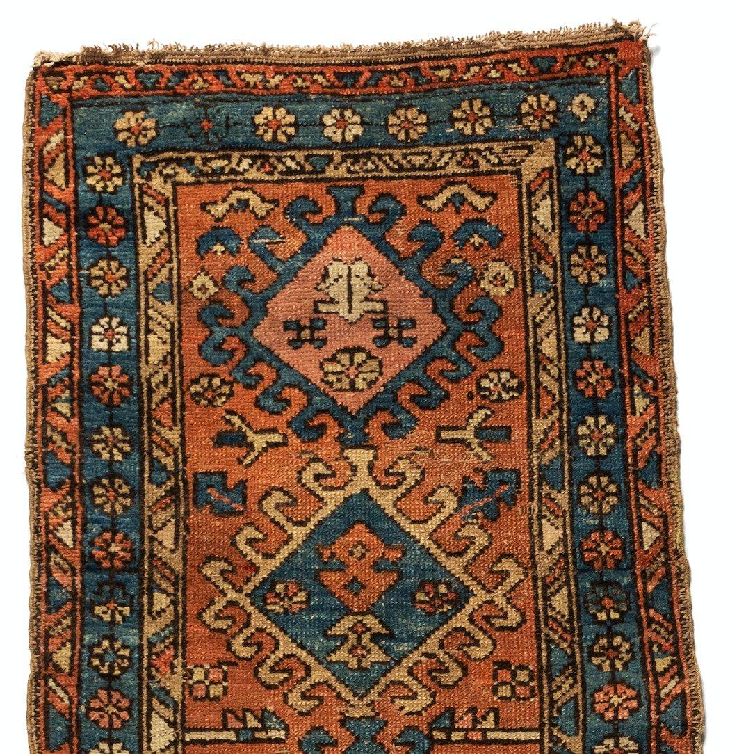 Heriz Serapi Antique Persian Rust and Blue Geometric Heriz Narrow Runner Rug