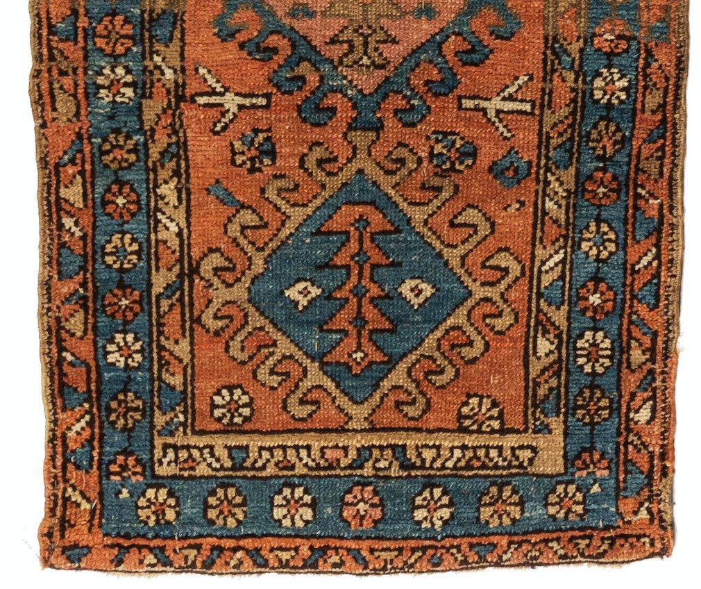 Hand-Knotted Antique Persian Rust and Blue Geometric Heriz Narrow Runner Rug