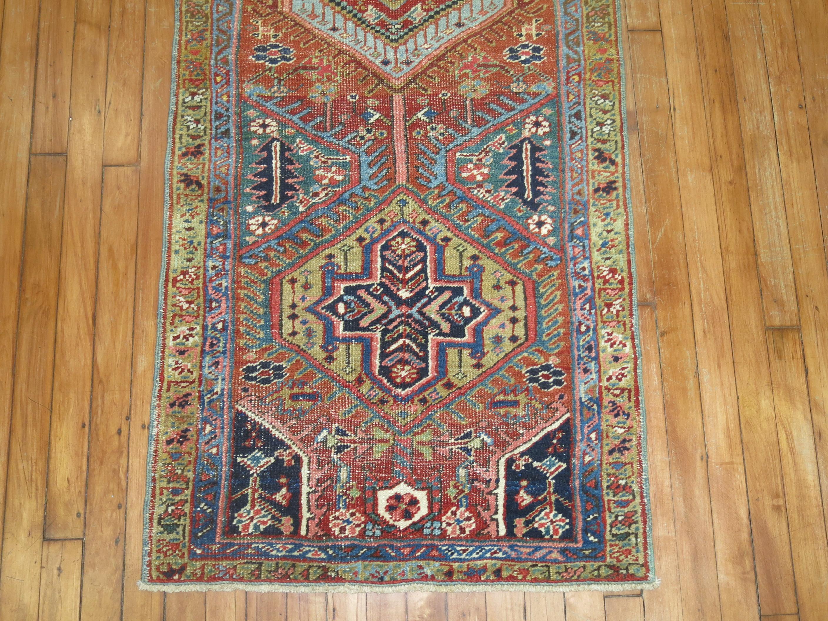 A one of a kind decorative antique Persian Heriz runner.

2'6'' x 8'10'' circa 1920

With distinctive large scale motifs and a wide ranging palette of warm colors, the antique Heriz carpet is probably the most popular of the Persian village carpets.