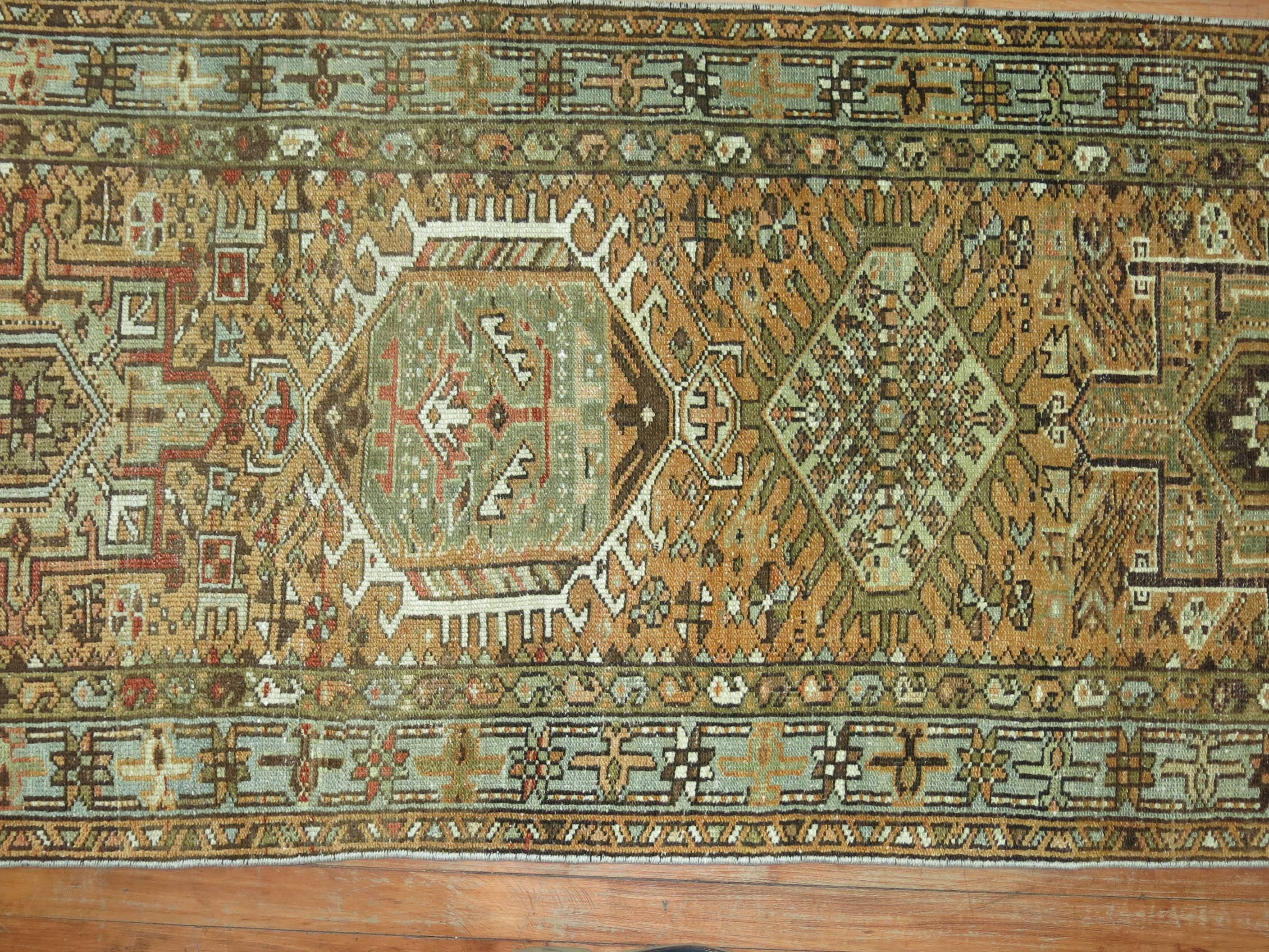 Rustic Zabihi Collection Antique Persian Heriz Runner For Sale