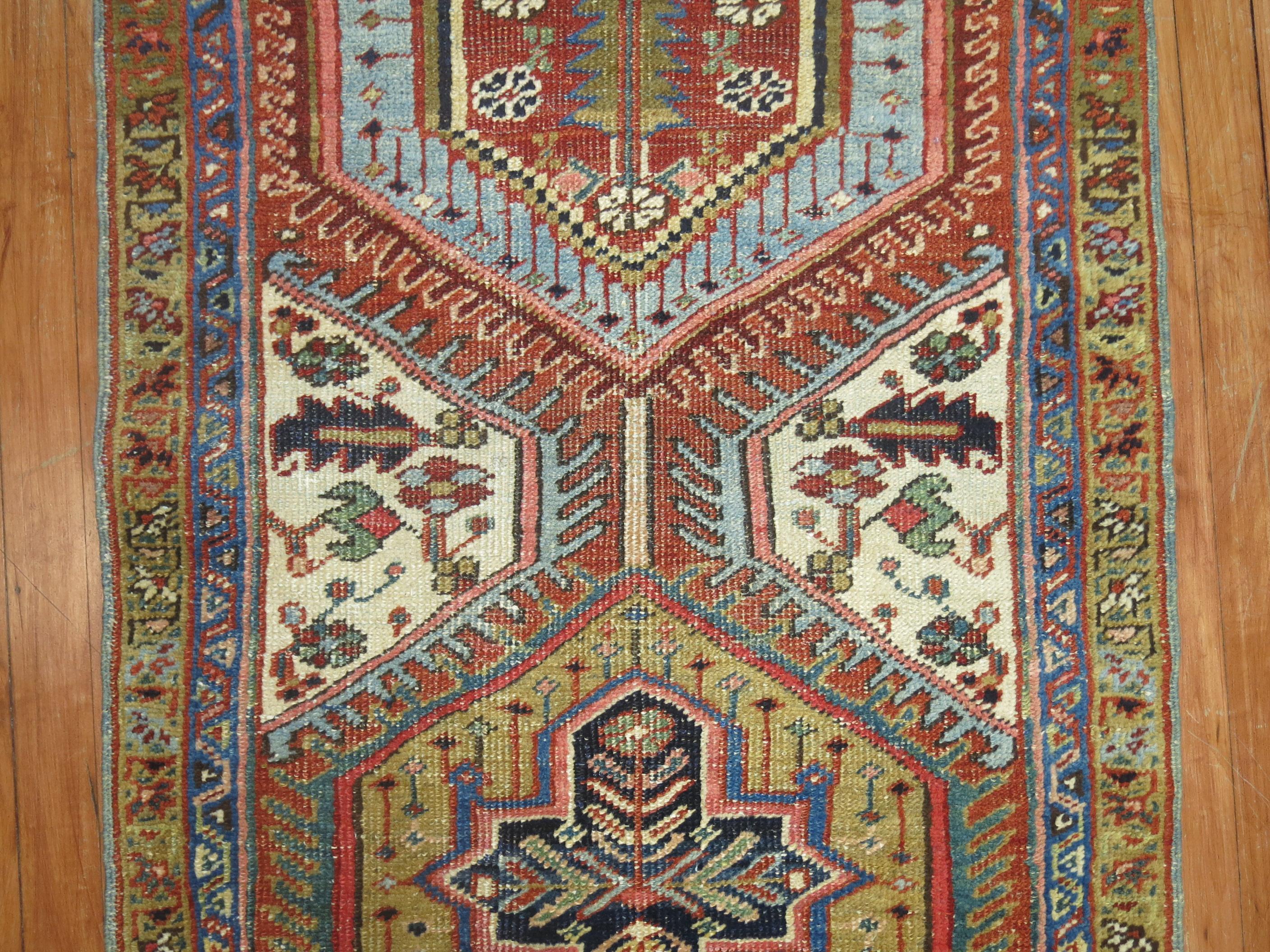 Hand-Knotted Tribal Antique Persian Heriz Runner, 20th Century
