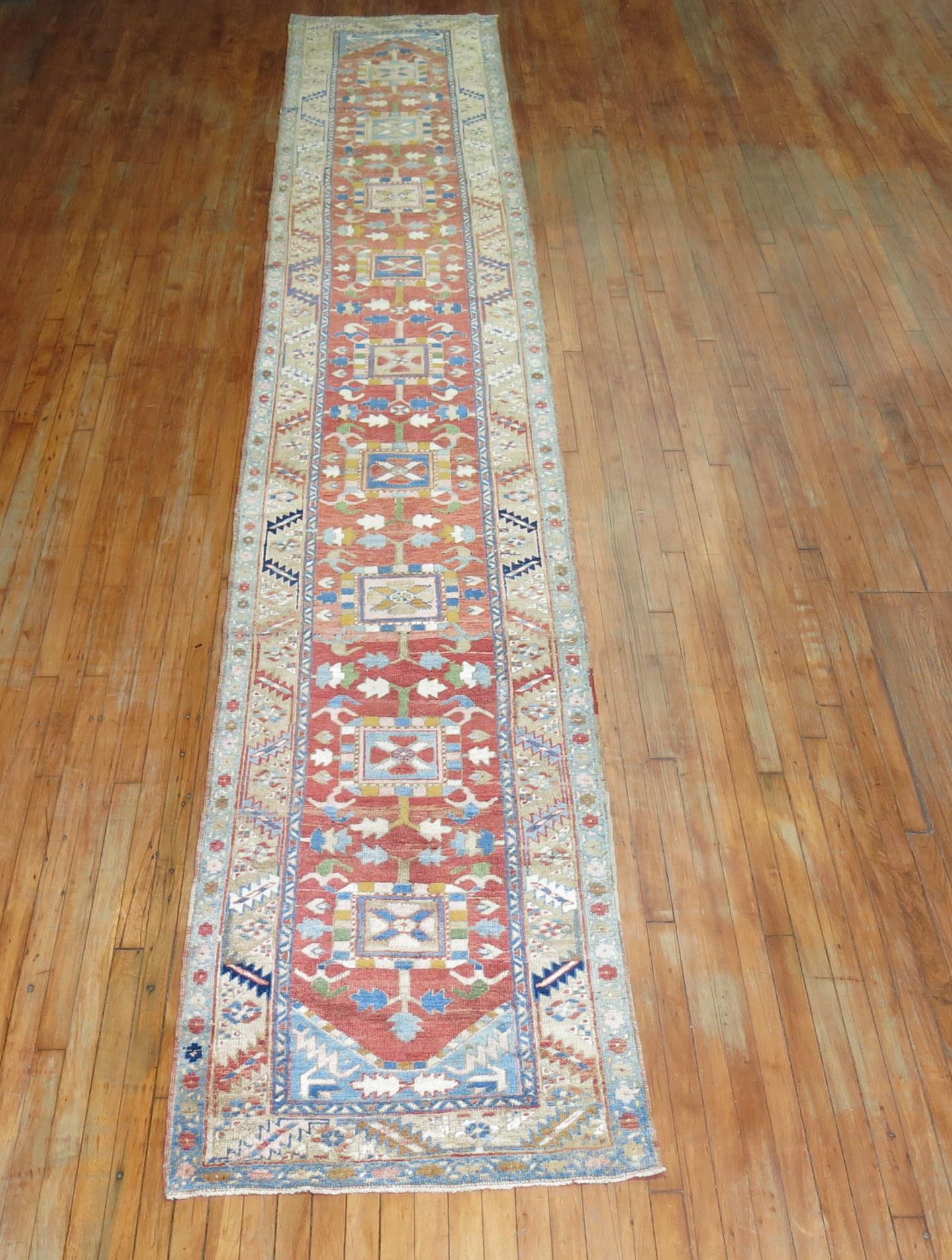 Wool Long Antique Persian Heriz Runner For Sale