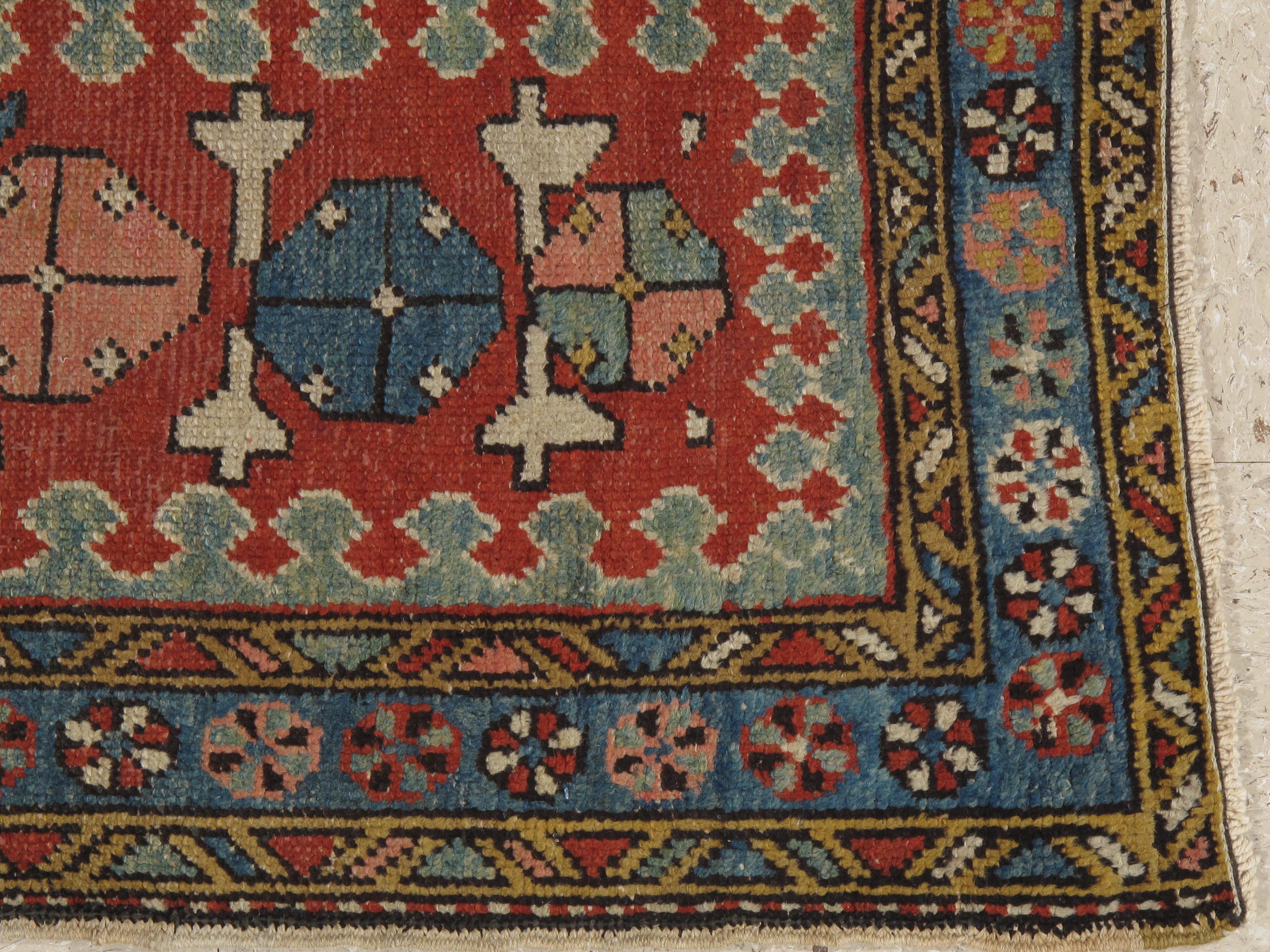 Heriz Serapi Antique Persian Heriz Runner, Handmade Wool Rug, Rust, Light Blue Green For Sale