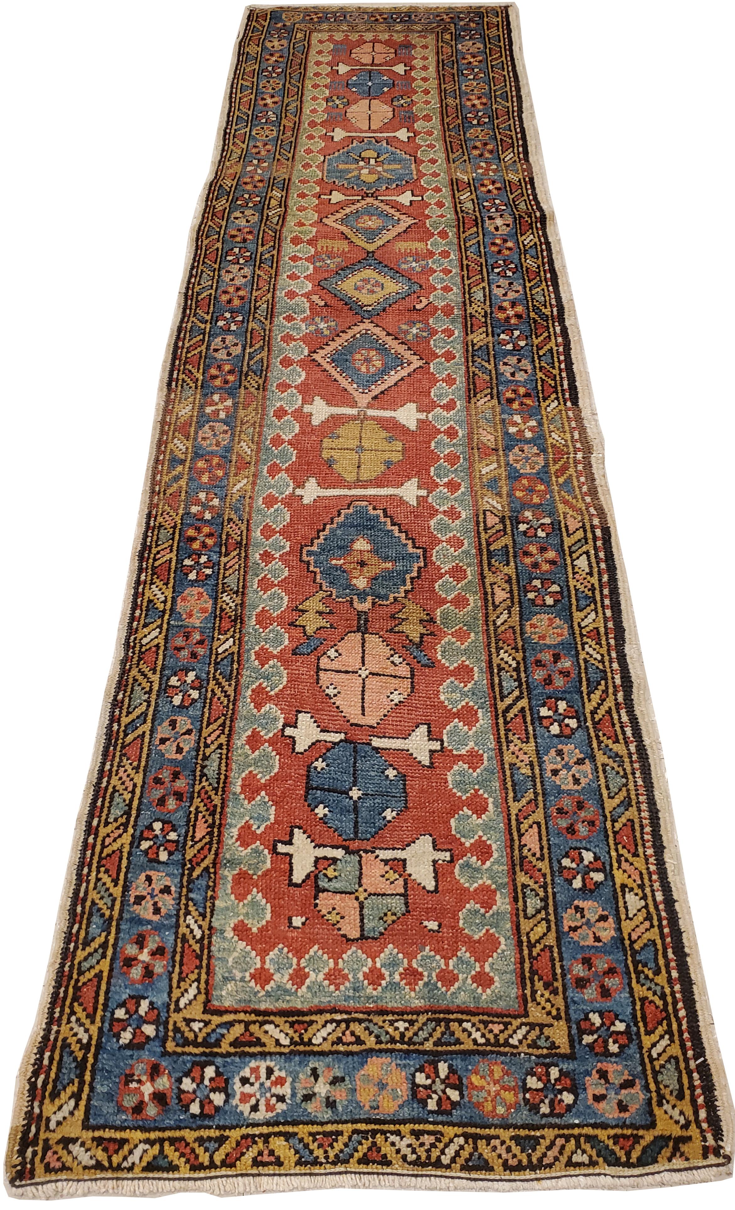 Antique Persian Heriz Runner, Handmade Wool Rug, Rust, Light Blue Green For Sale 3