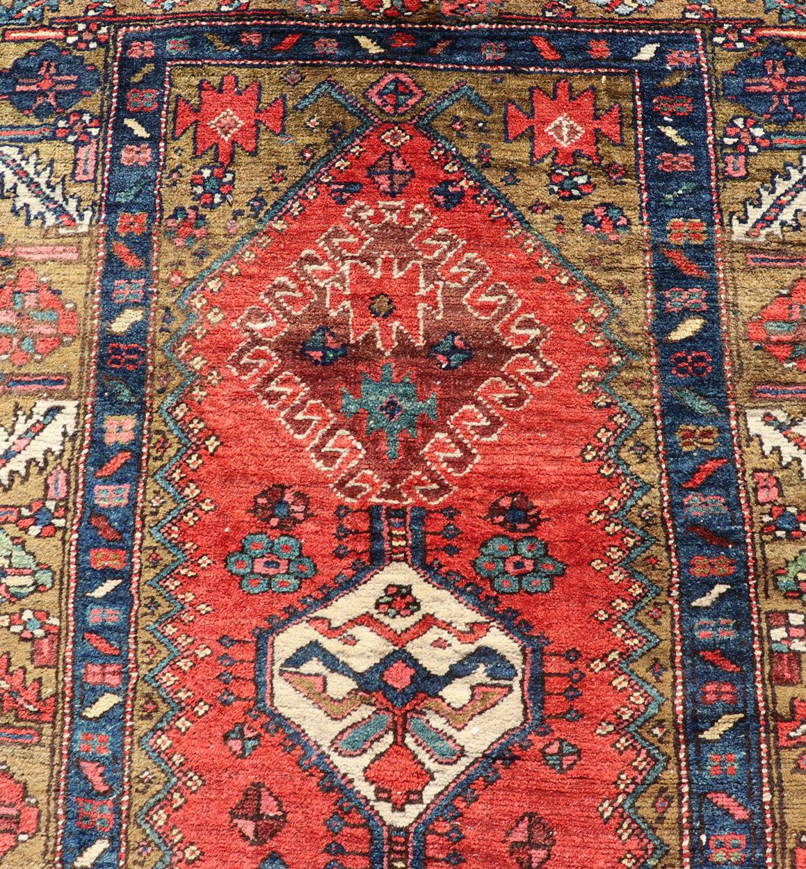 Antique Persian Heriz Runner in Reds, Blues, Pink, Ivory and Earthy Tones For Sale 3