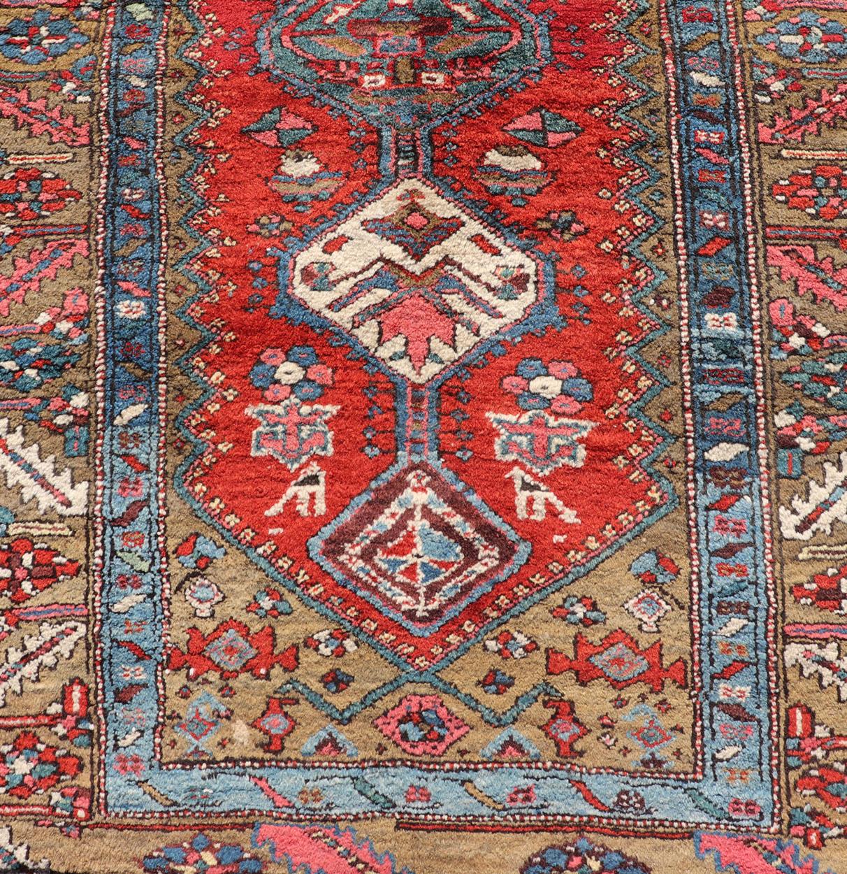 Antique Persian Heriz Runner in Reds, Blues, Pink, Ivory and Earthy Tones For Sale 4