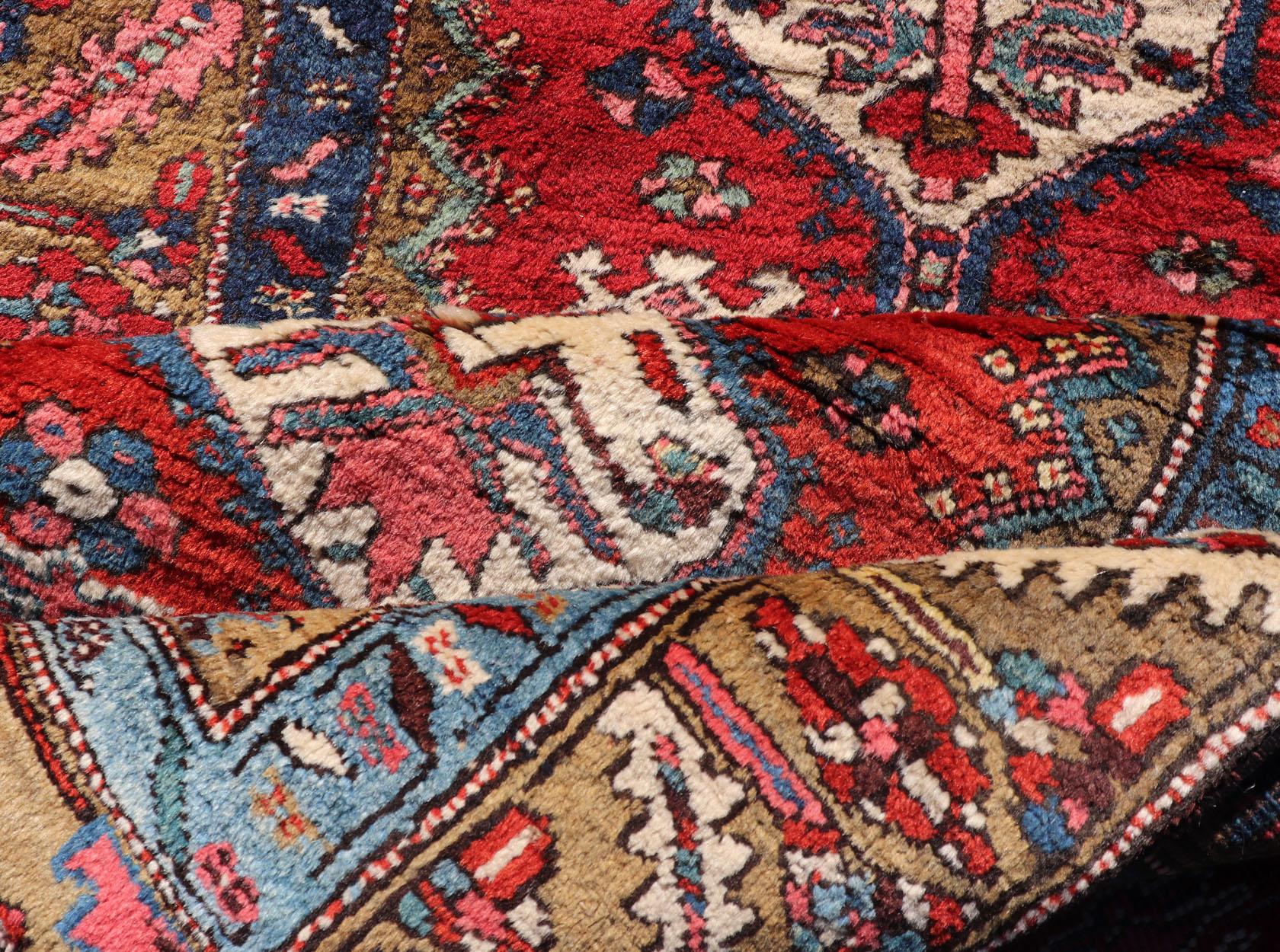 Antique Persian Heriz Runner in Reds, Blues, Pink, Ivory and Earthy Tones For Sale 5