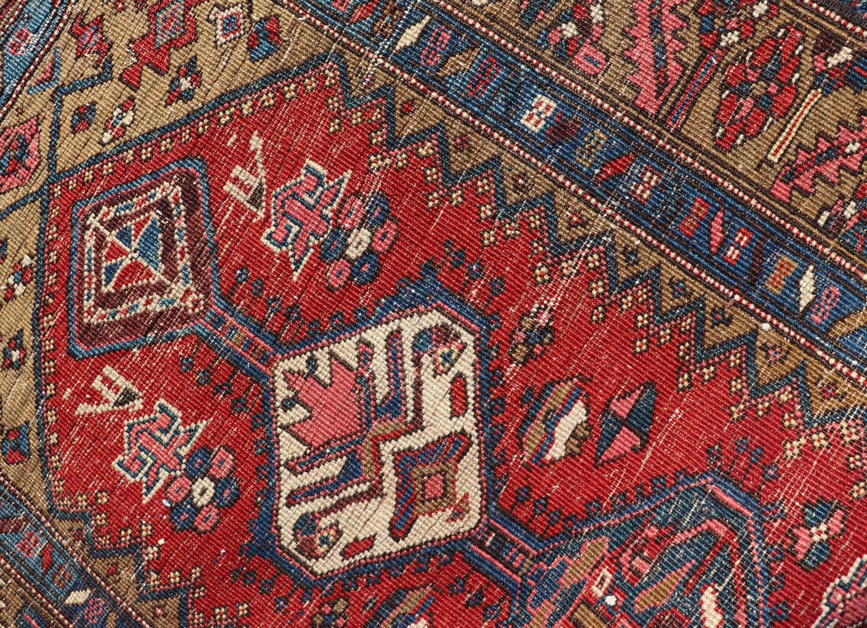 Antique Persian Heriz Runner in Reds, Blues, Pink, Ivory and Earthy Tones For Sale 6