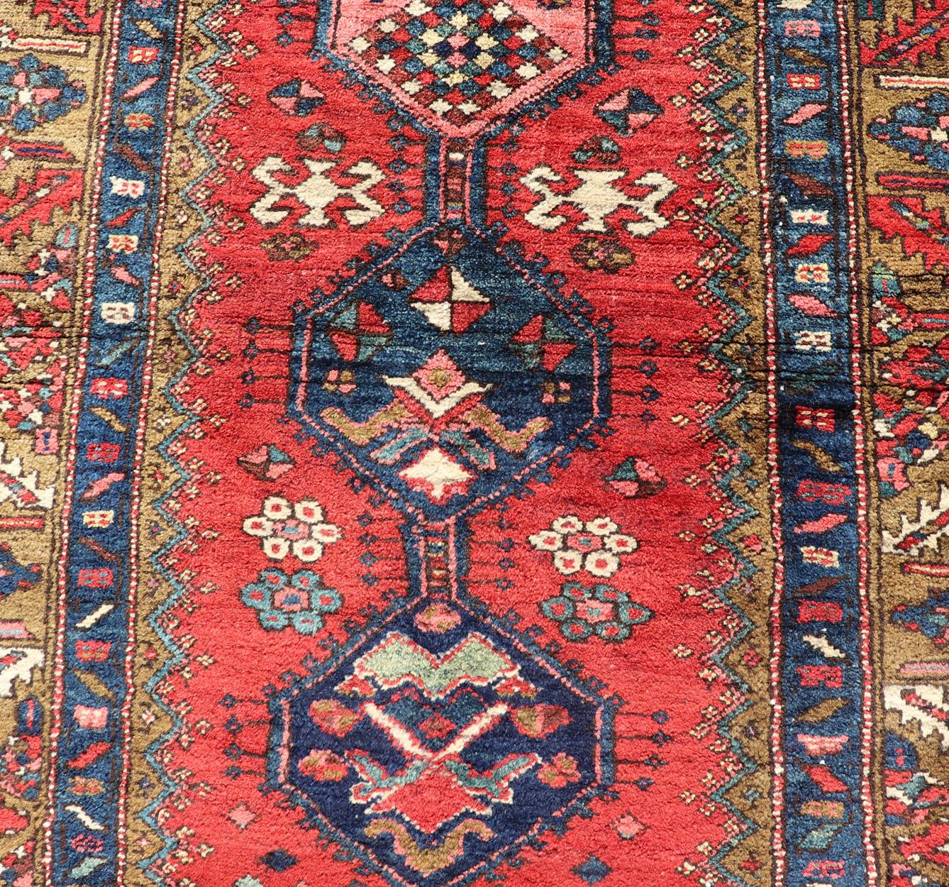 Antique Persian Heriz Runner in Reds, Blues, Pink, Ivory and Earthy Tones For Sale 2