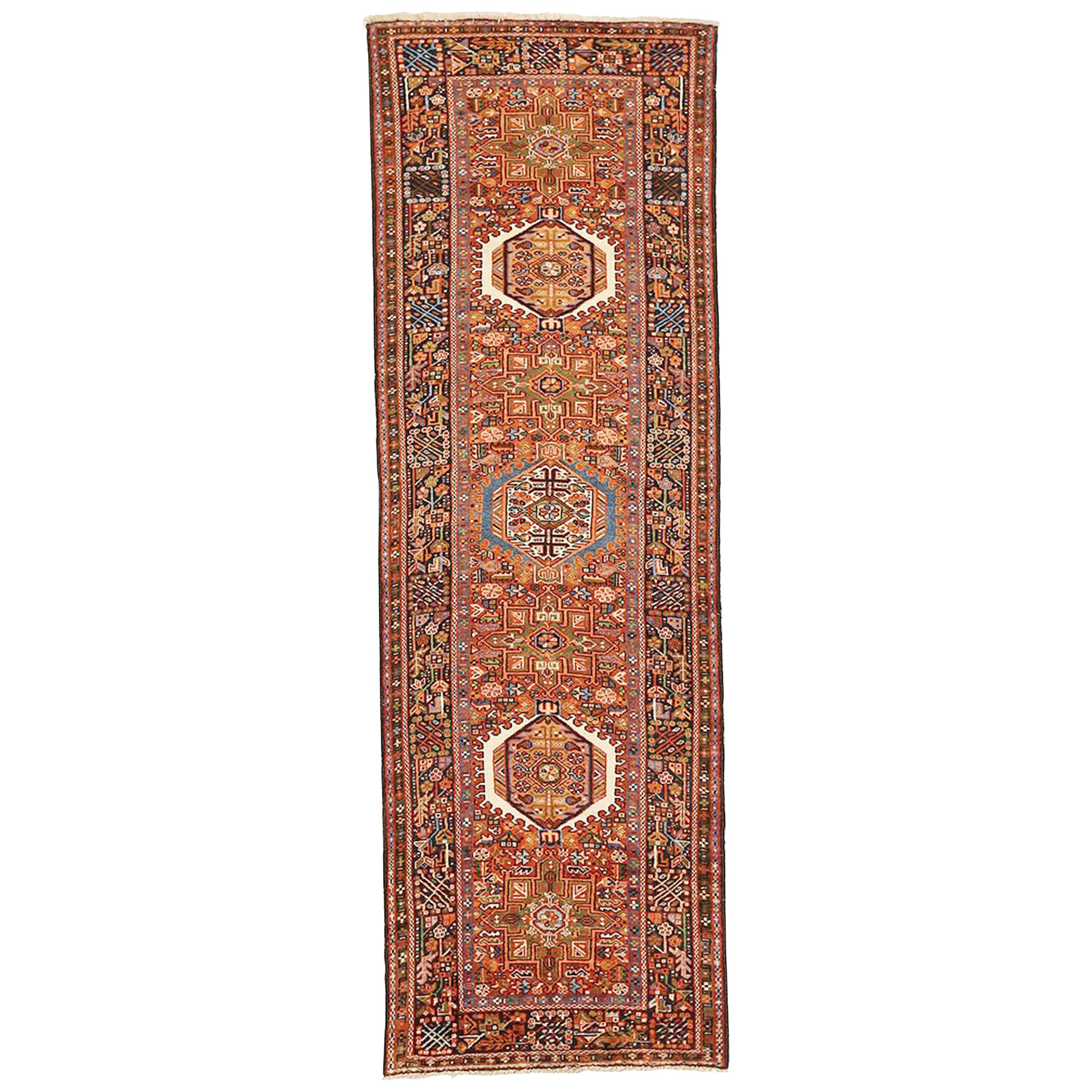 Antique Persian Heriz Runner Rug with Blue and White Medallions on Center Field For Sale