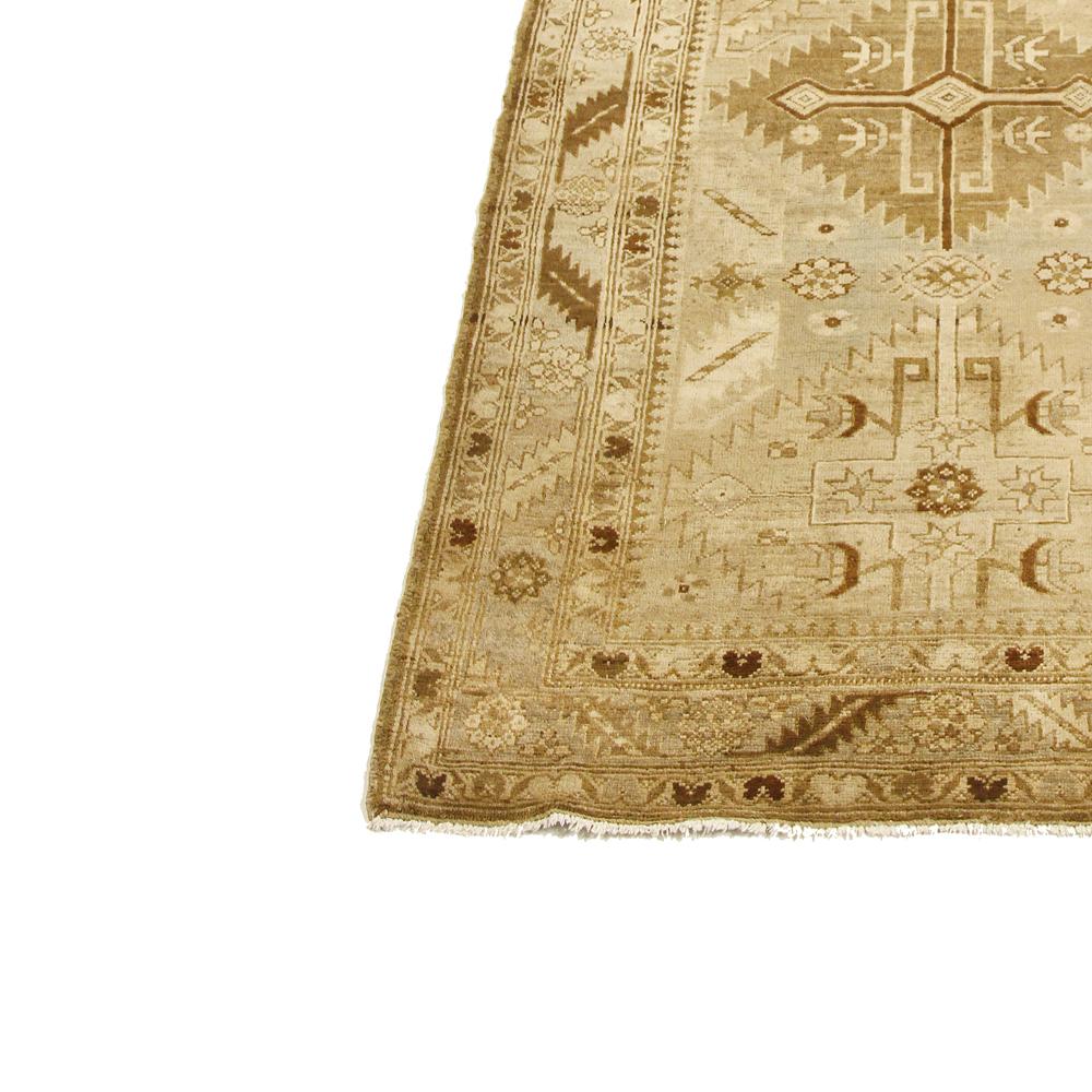 Hand-Woven Antique Persian Heriz Runner Rug with Brown Tribal Motifs on Ivory Field For Sale