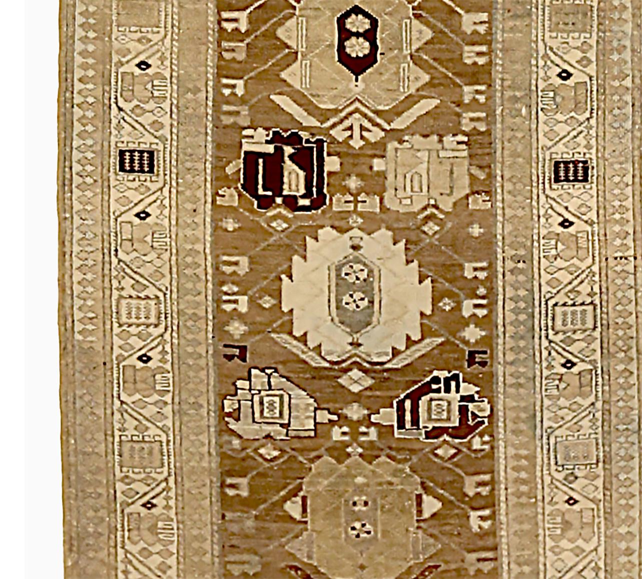 Heriz Serapi Antique Persian Heriz Runner Rug with Floral Medallions on Ivory/Brown Field For Sale