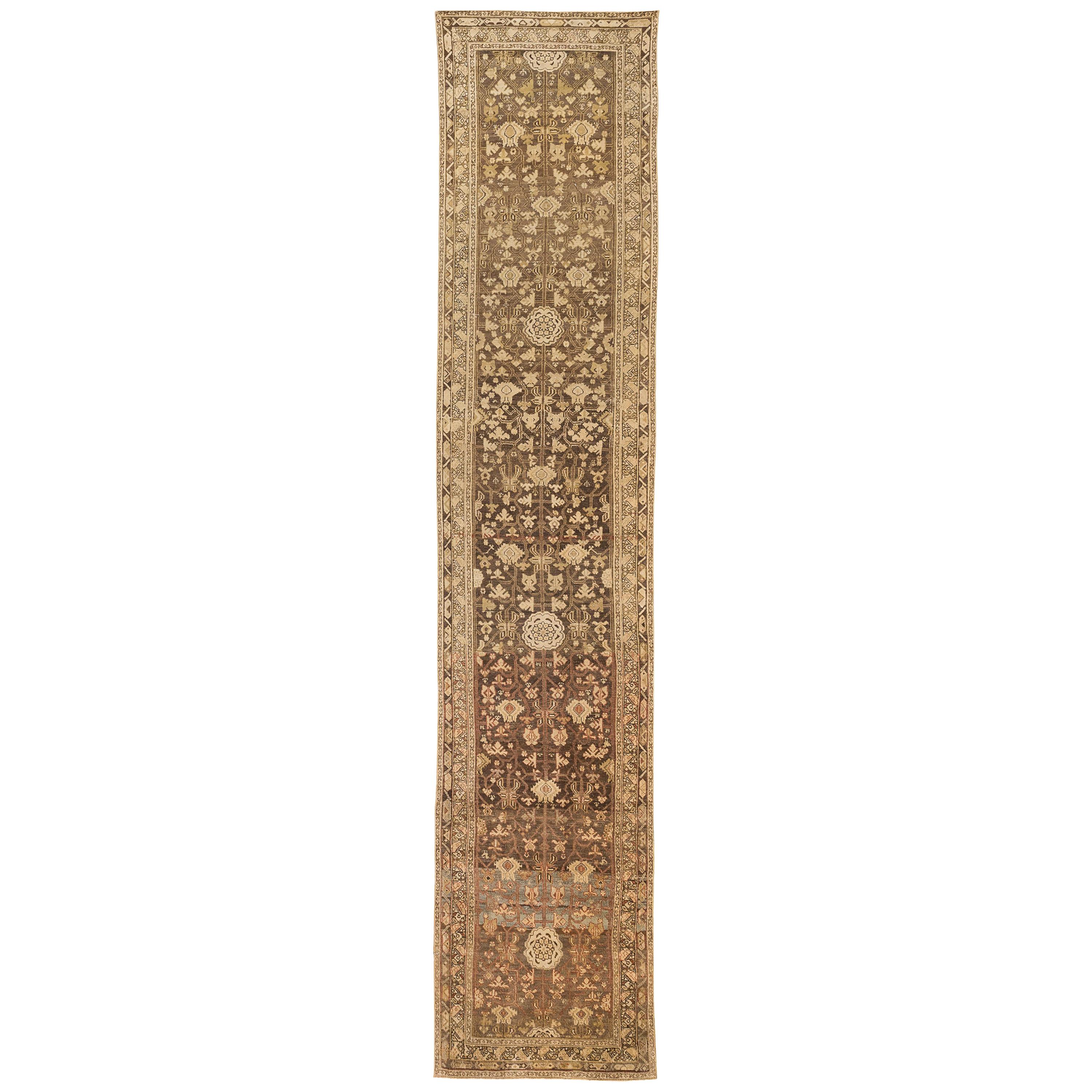 Antique Persian Heriz Runner Rug with Floral Motifs on Brown Field For Sale