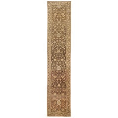 Used Persian Heriz Runner Rug with Floral Motifs on Brown Field