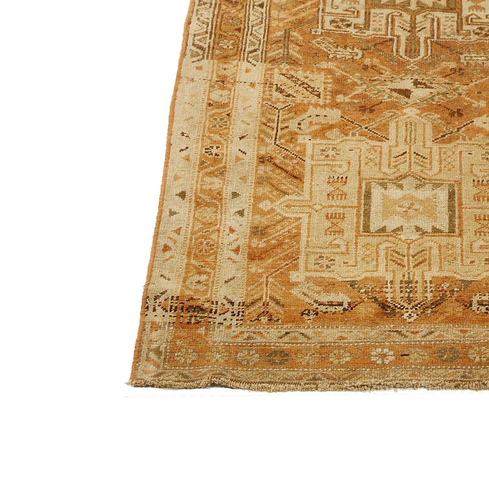 Heriz Serapi Antique Persian Heriz Runner Rug with Ivory and Brown Tribal Details For Sale