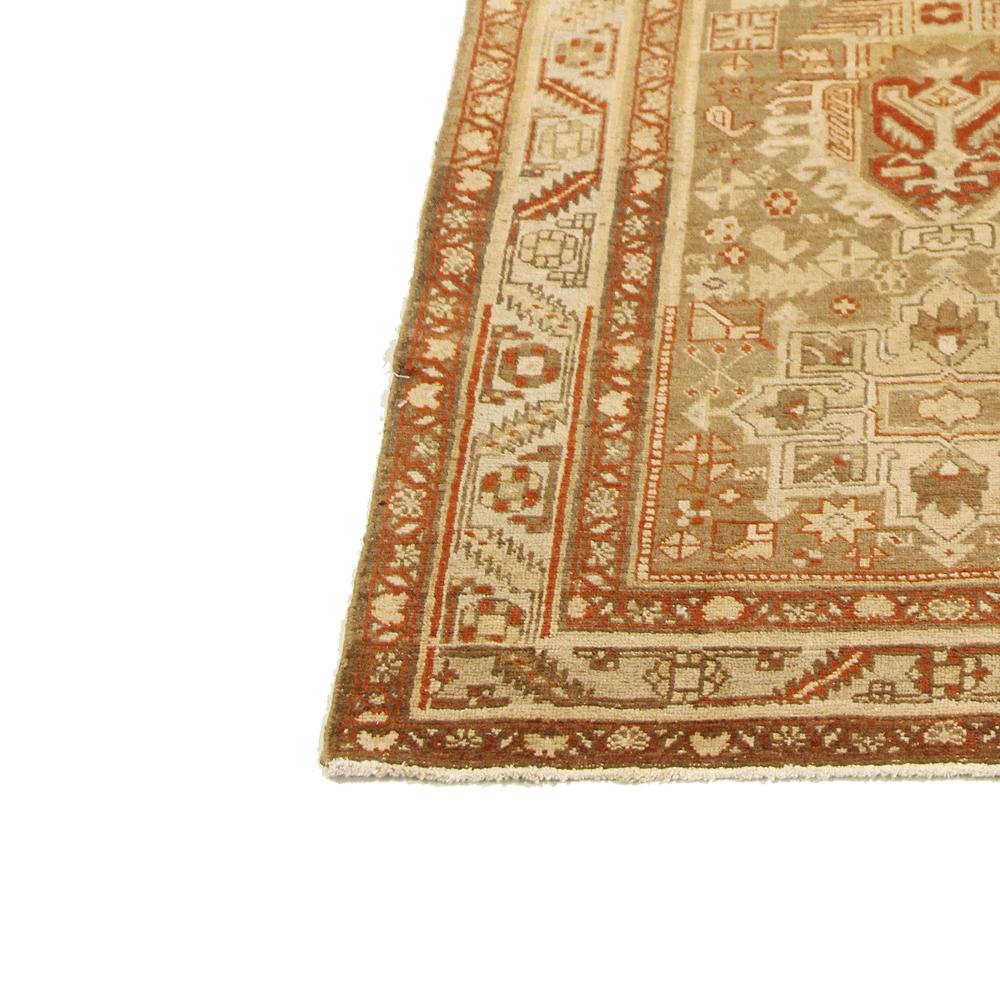 Heriz Serapi Antique Persian Heriz Runner Rug with Ivory and Red Tribal Motifs For Sale