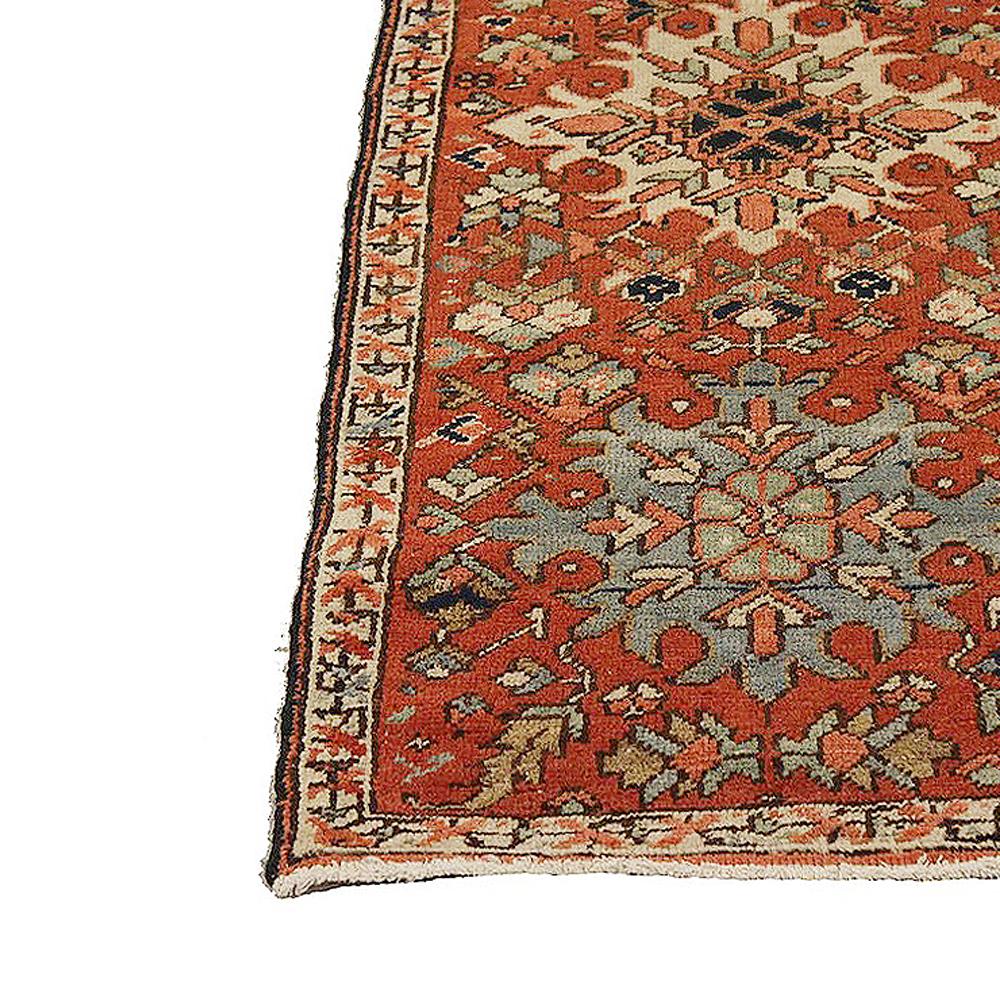 Hand-Woven Antique Persian Heriz Runner Rug with Large Colorful Flower Medallions
