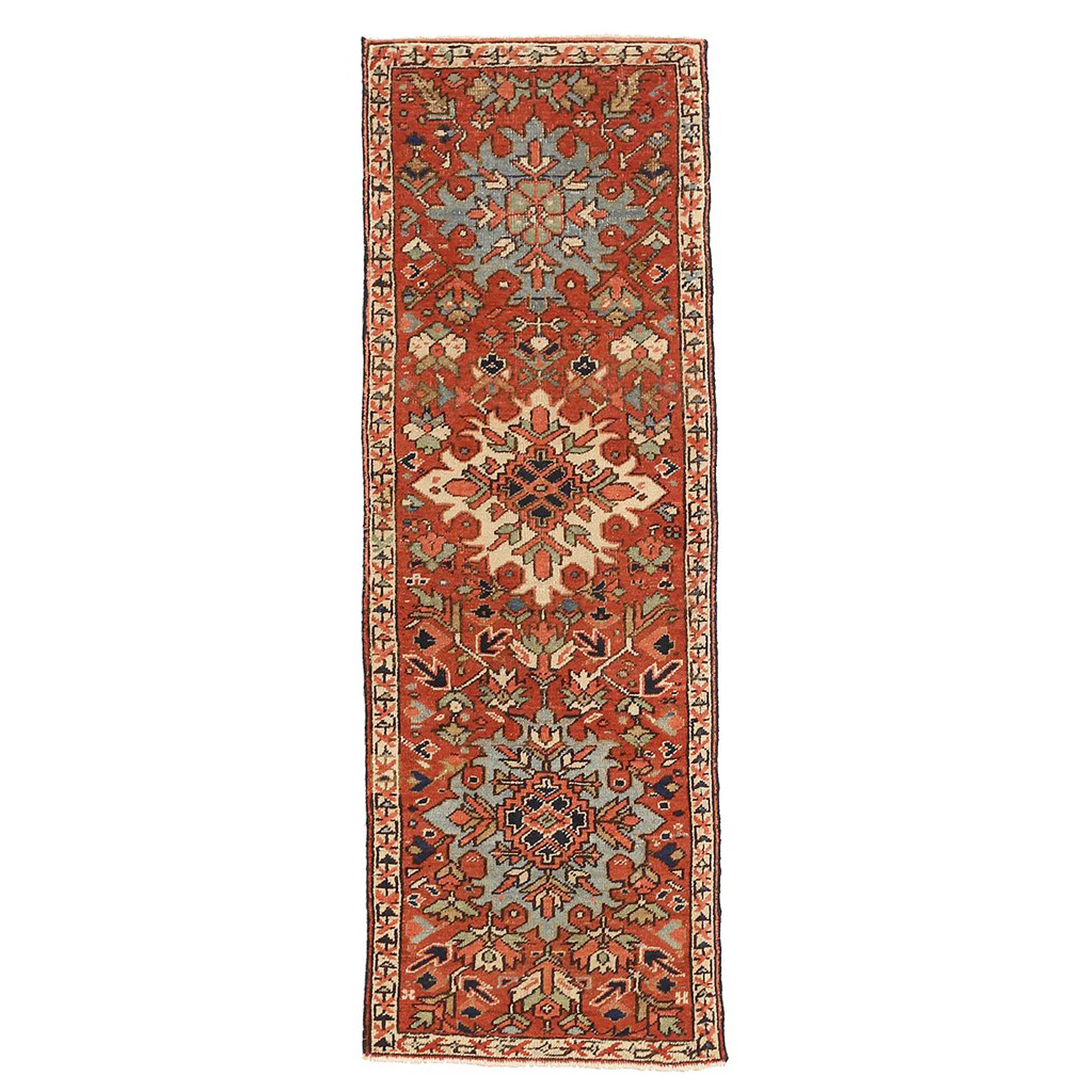Antique Persian Heriz Runner Rug with Large Colorful Flower Medallions