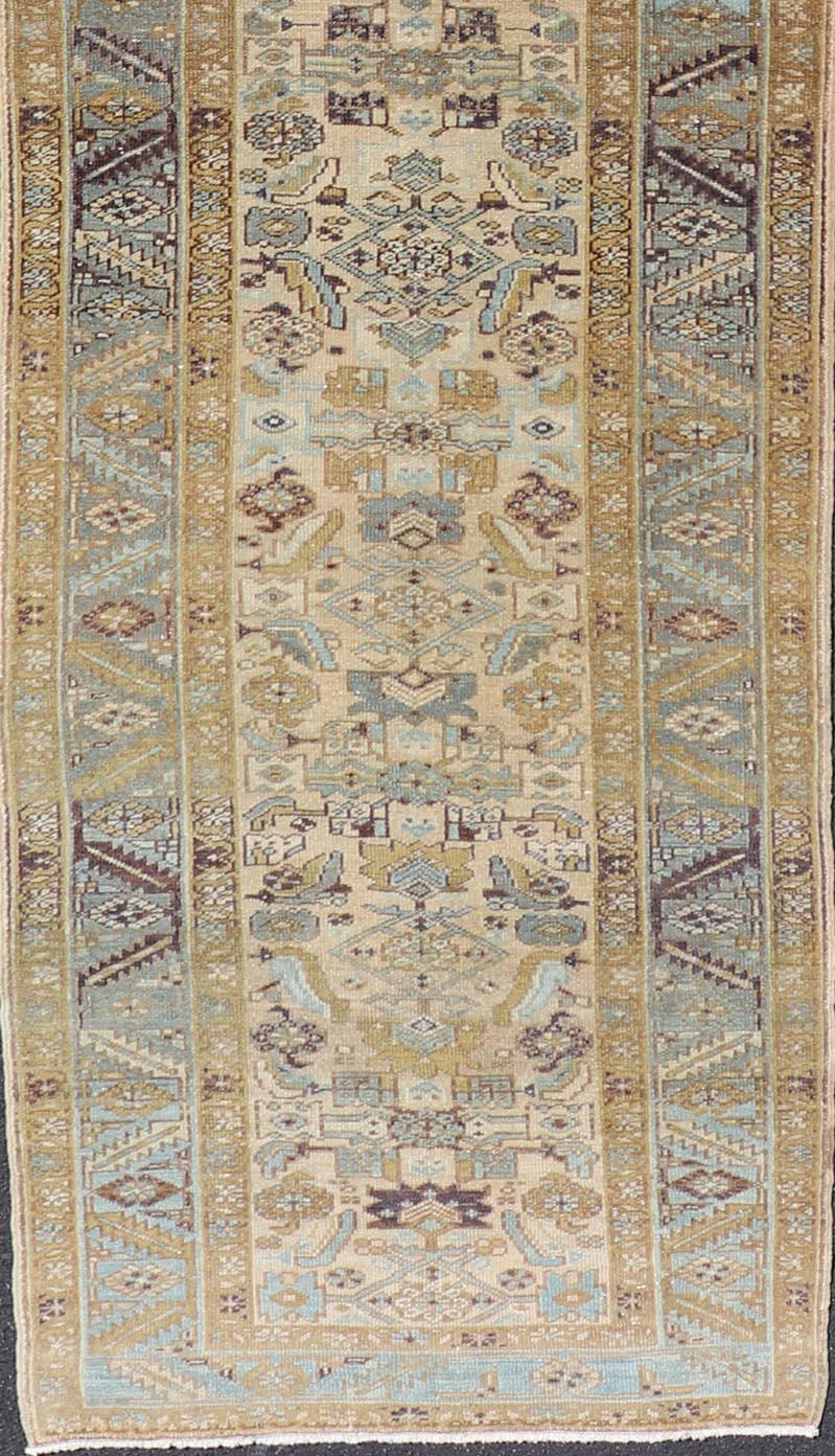 Hand-Knotted Antique Persian Heriz Runner with All Over Geometric Design 3’4” x 14’ For Sale